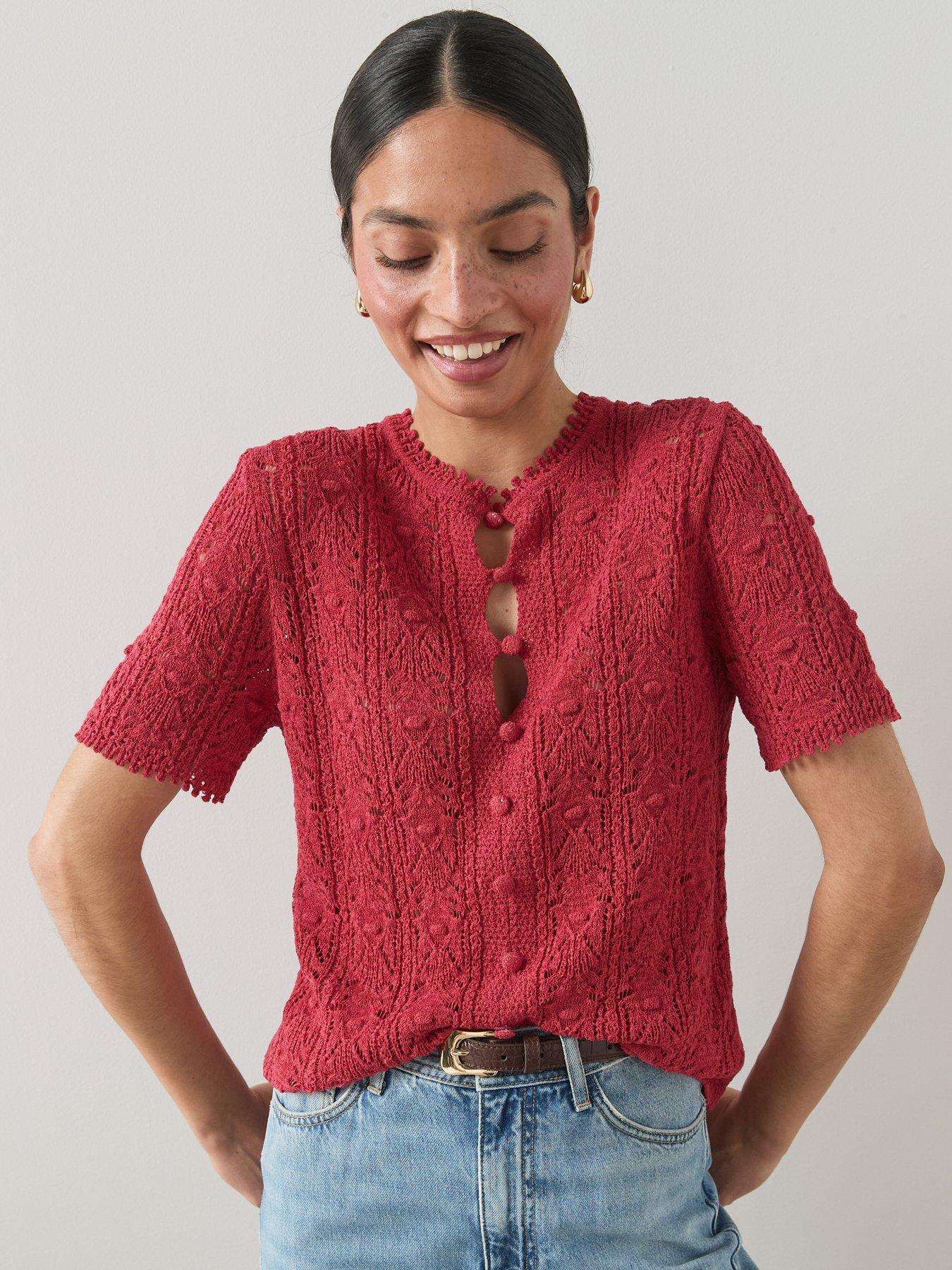 The Very Collection Cotton Rich Stitch Detail Button Down Jumper - Red
