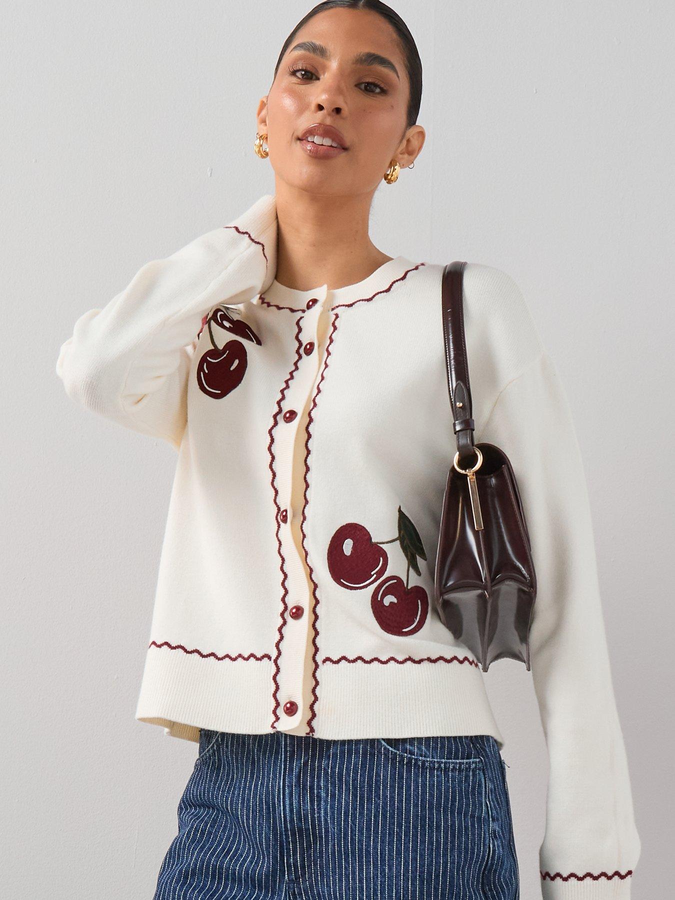The Very Collection Cotton Rich Cherry Embroidered Long Sleeve Cardigan - Cream