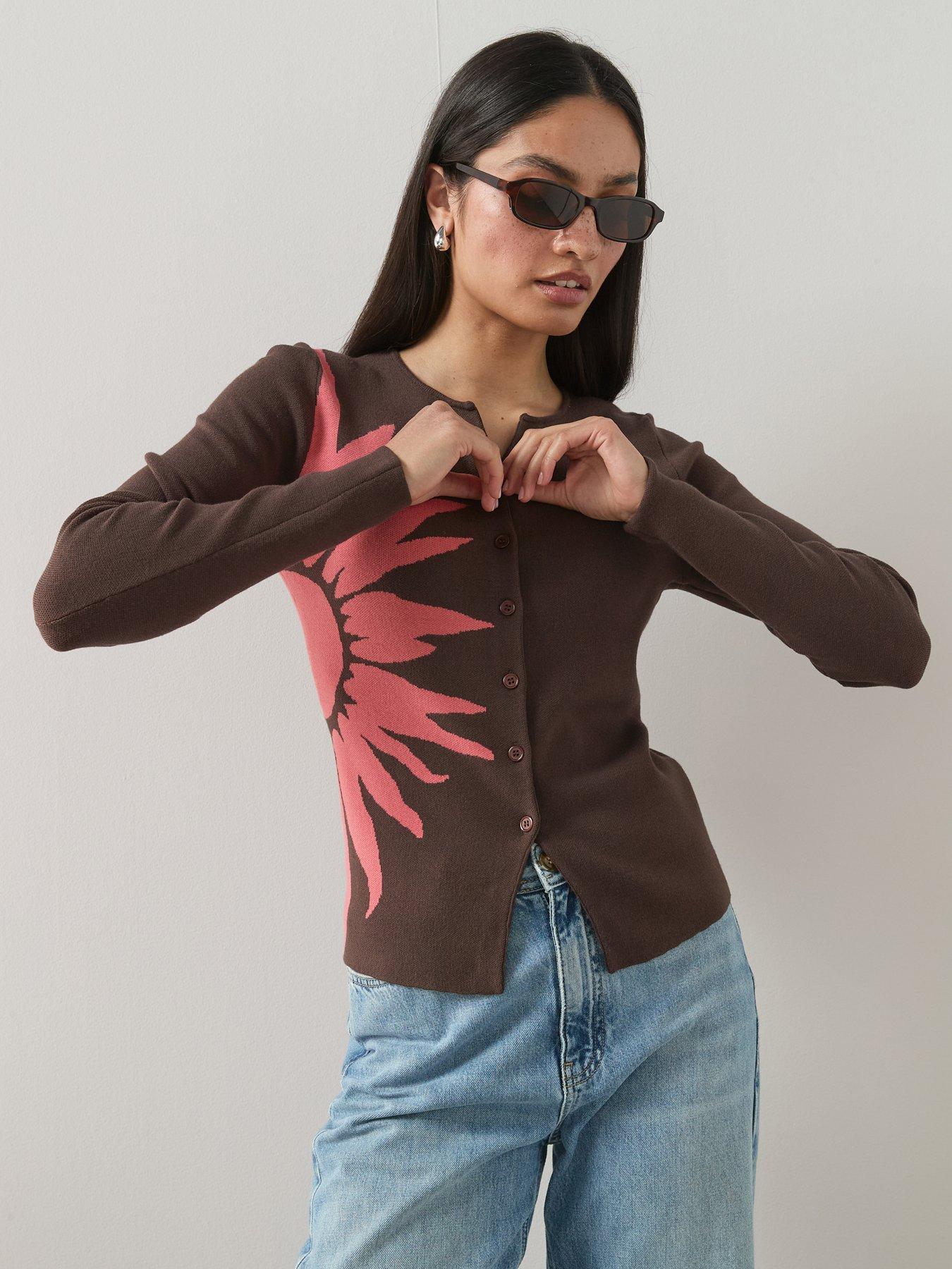 The Very Collection Crew Neck Flower Jacquard Cardigan - Chocolate/Pink