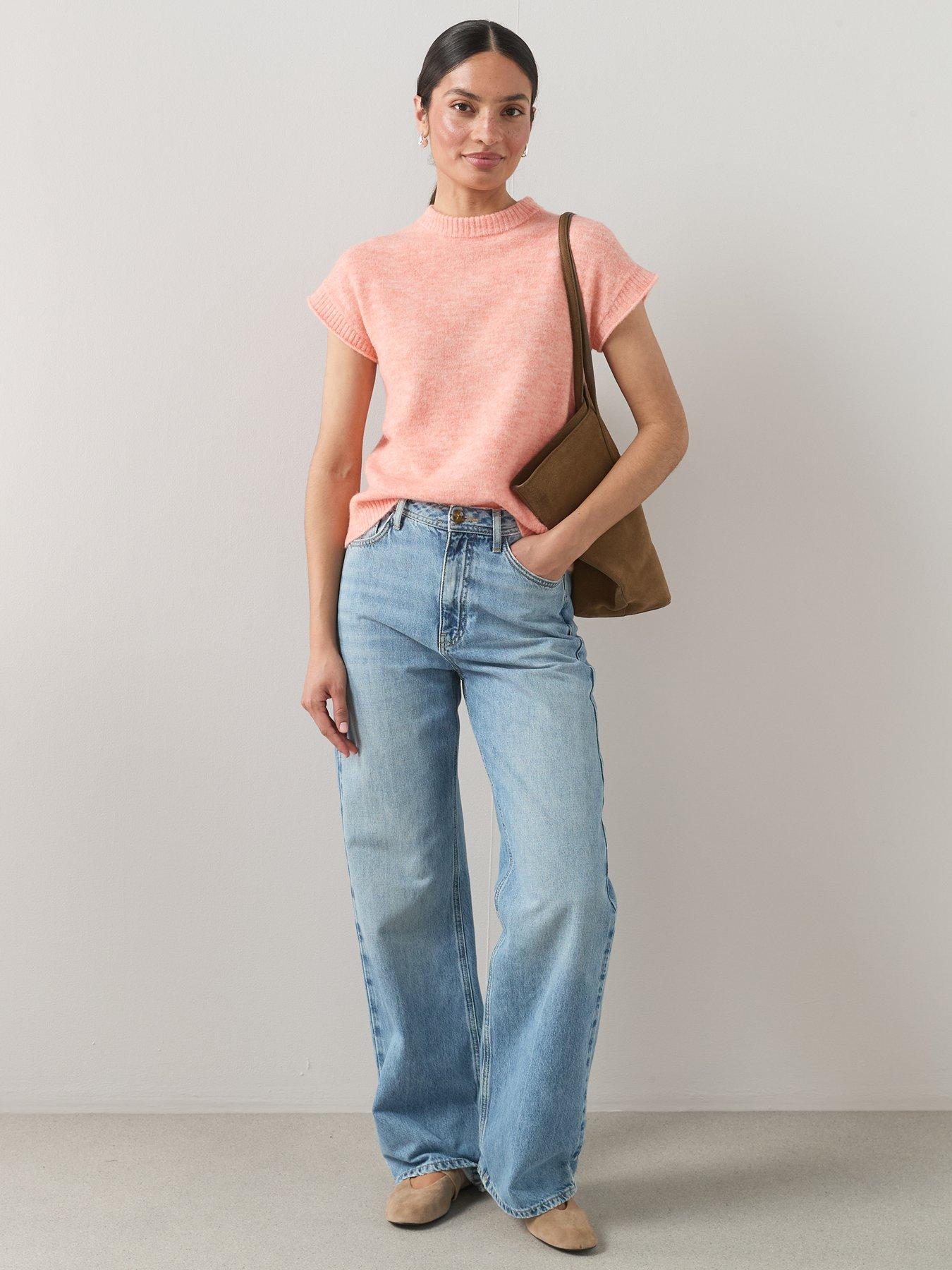 Image 3 of 6 of The Very Collection Crew Neck Cap Sleeve Knitted Jumper - Coral Orange