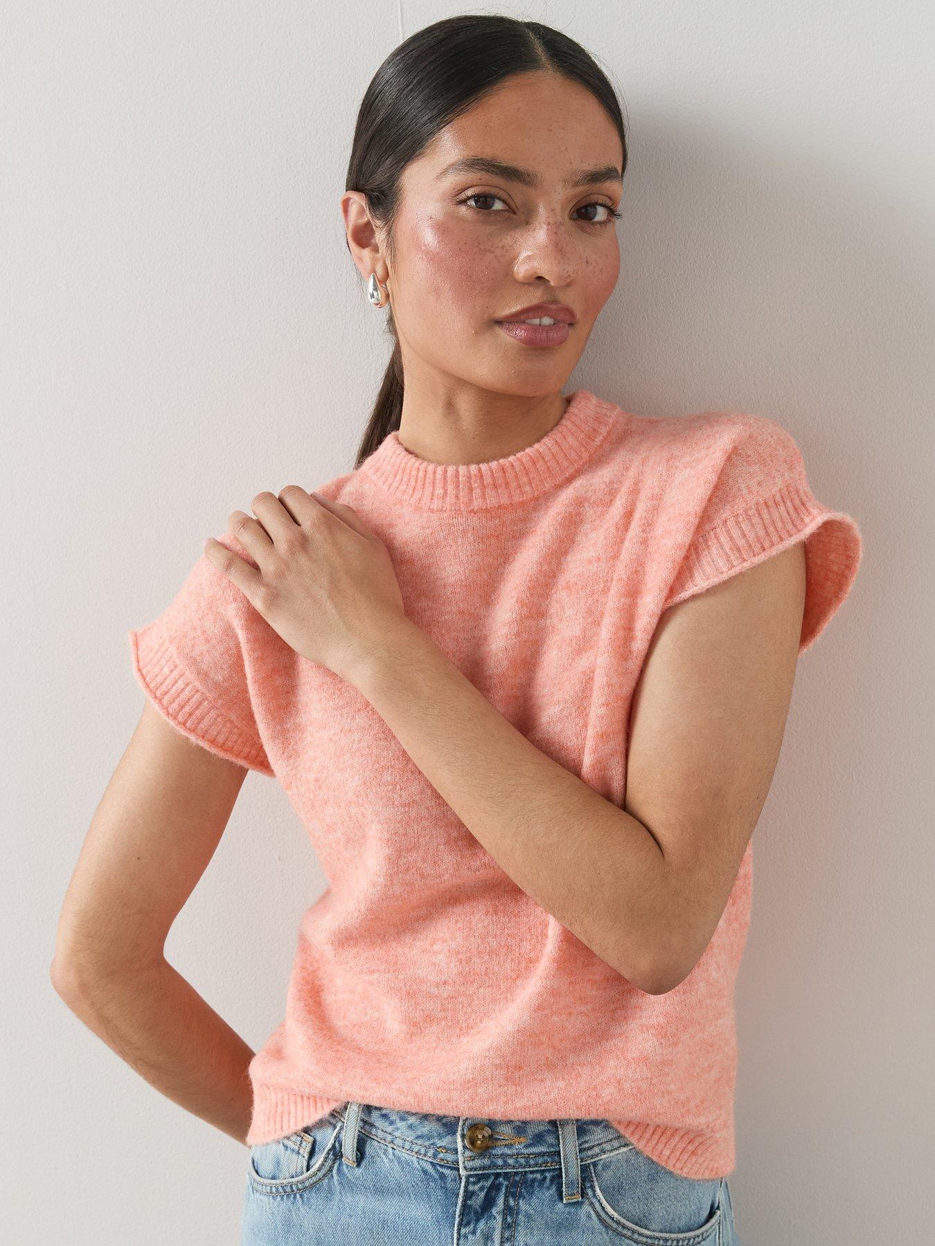 Image 4 of 6 of The Very Collection Crew Neck Cap Sleeve Knitted Jumper - Coral Orange