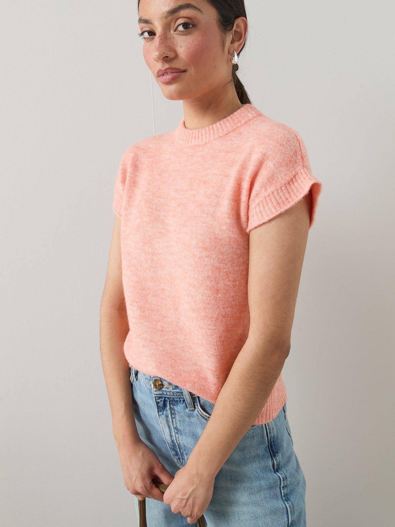 Image 5 of 6 of The Very Collection Crew Neck Cap Sleeve Knitted Jumper - Coral Orange