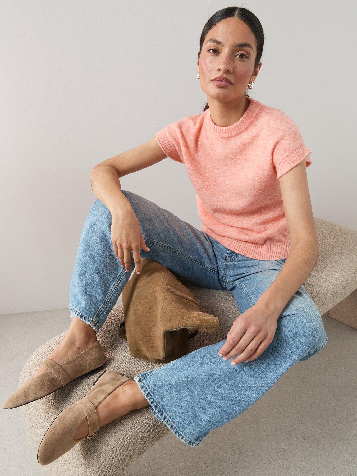 Image 6 of 6 of The Very Collection Crew Neck Cap Sleeve Knitted Jumper - Coral Orange