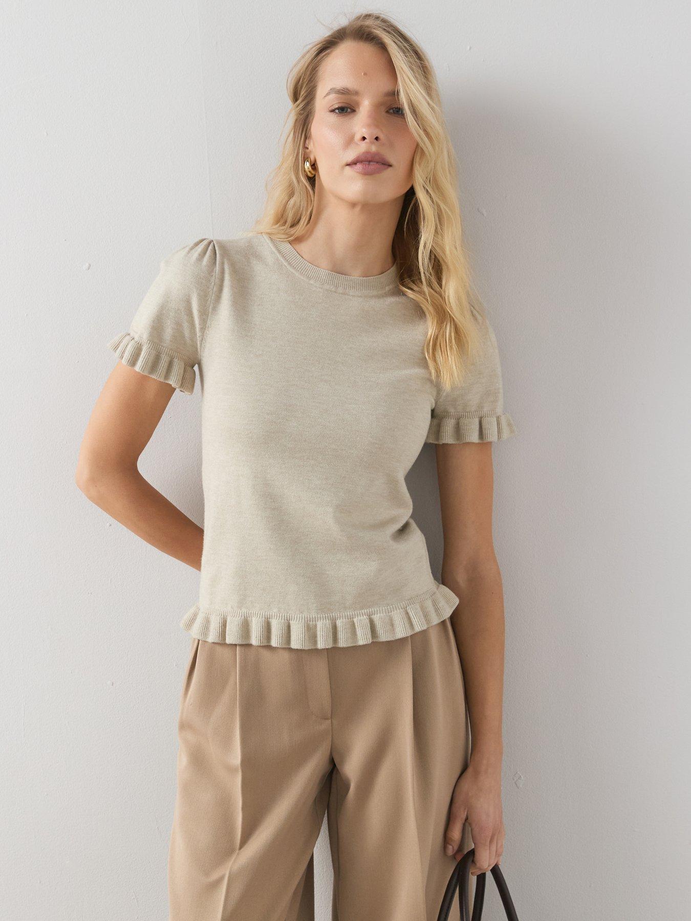 The Very Collection Crew Neck Frill Edge Knitted Top - Stone