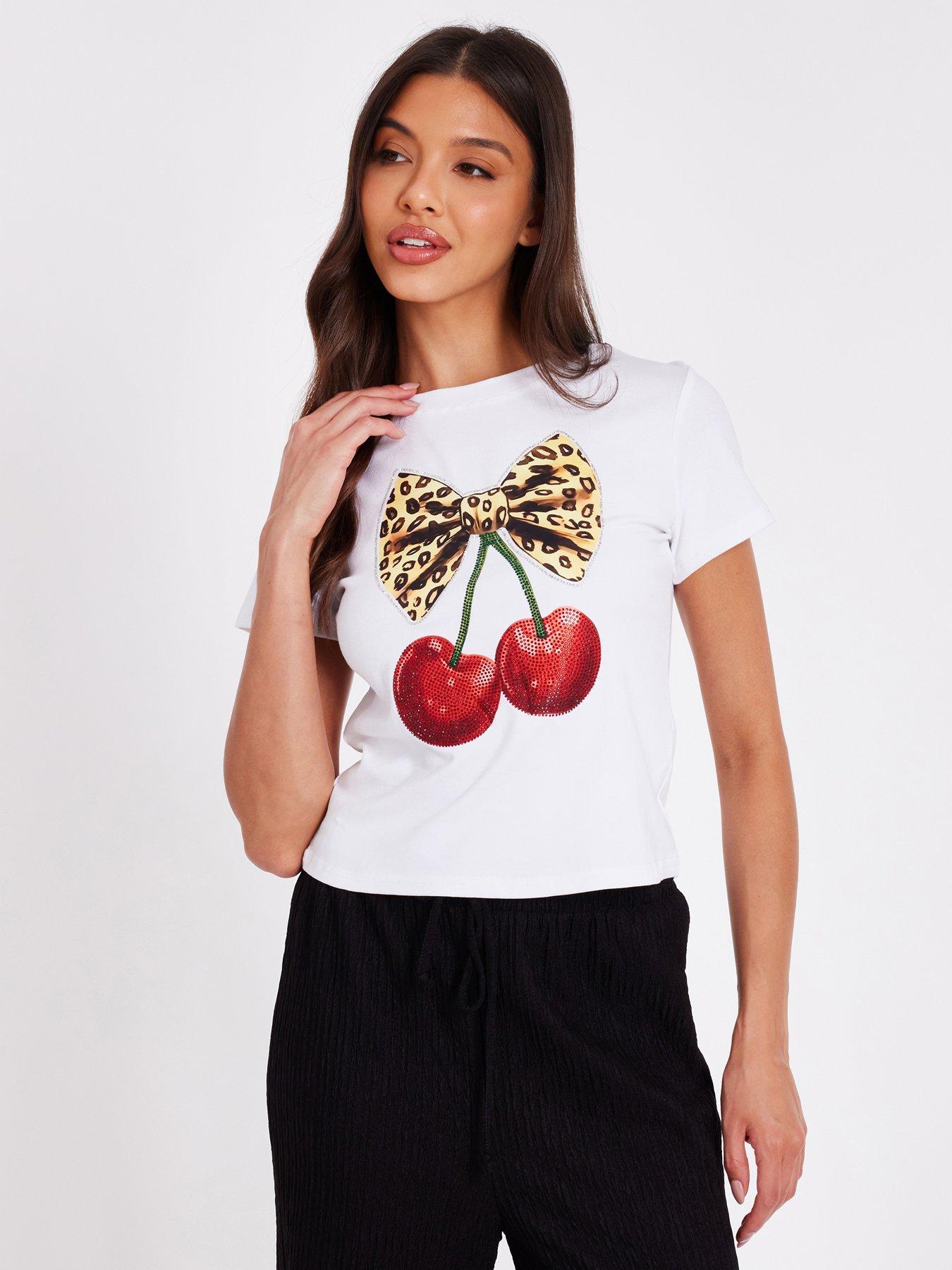 undefined White Cherry Print Crop Top