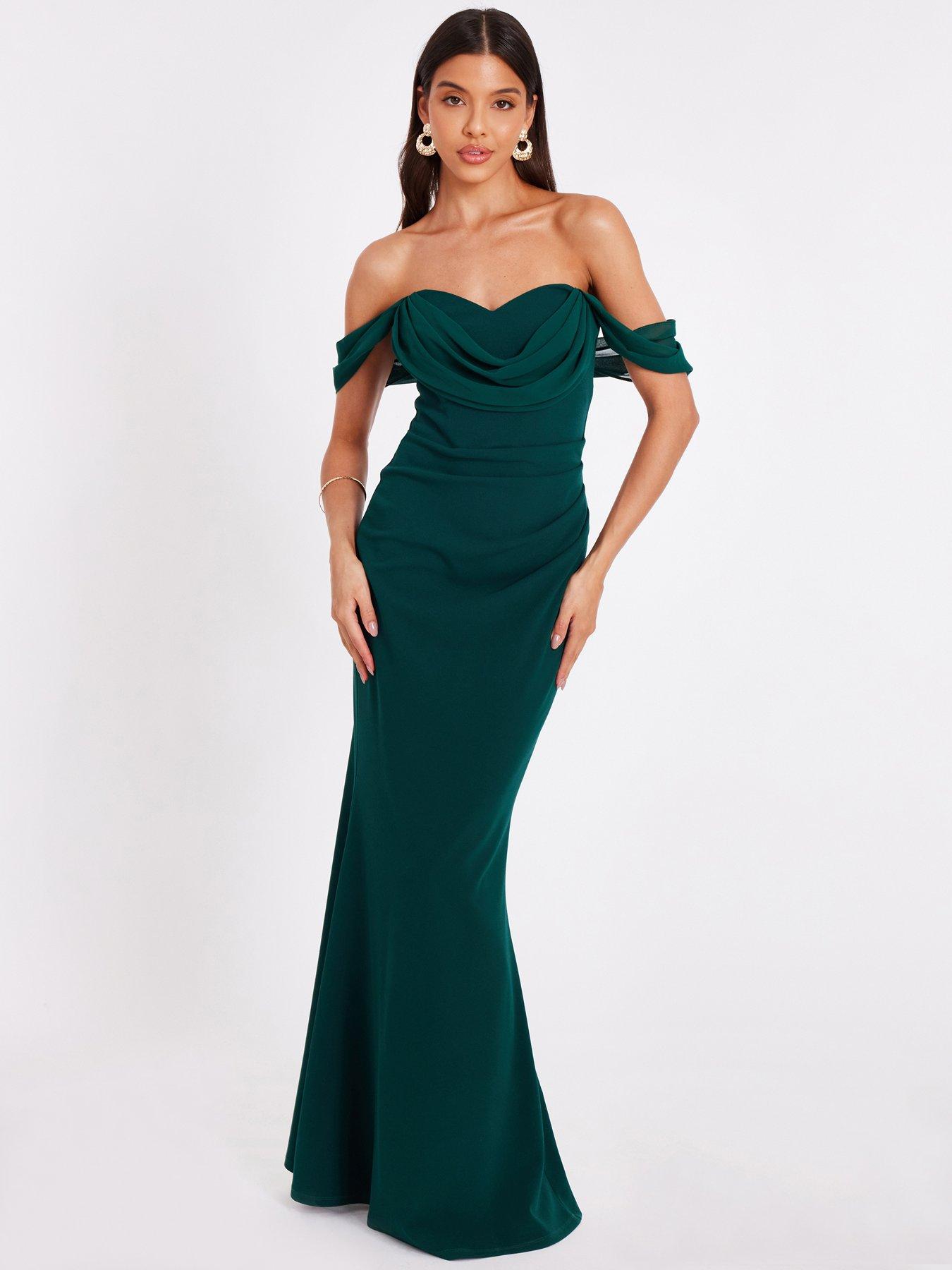 undefined Bottle Green Chiffon Bardot Maxi Dress