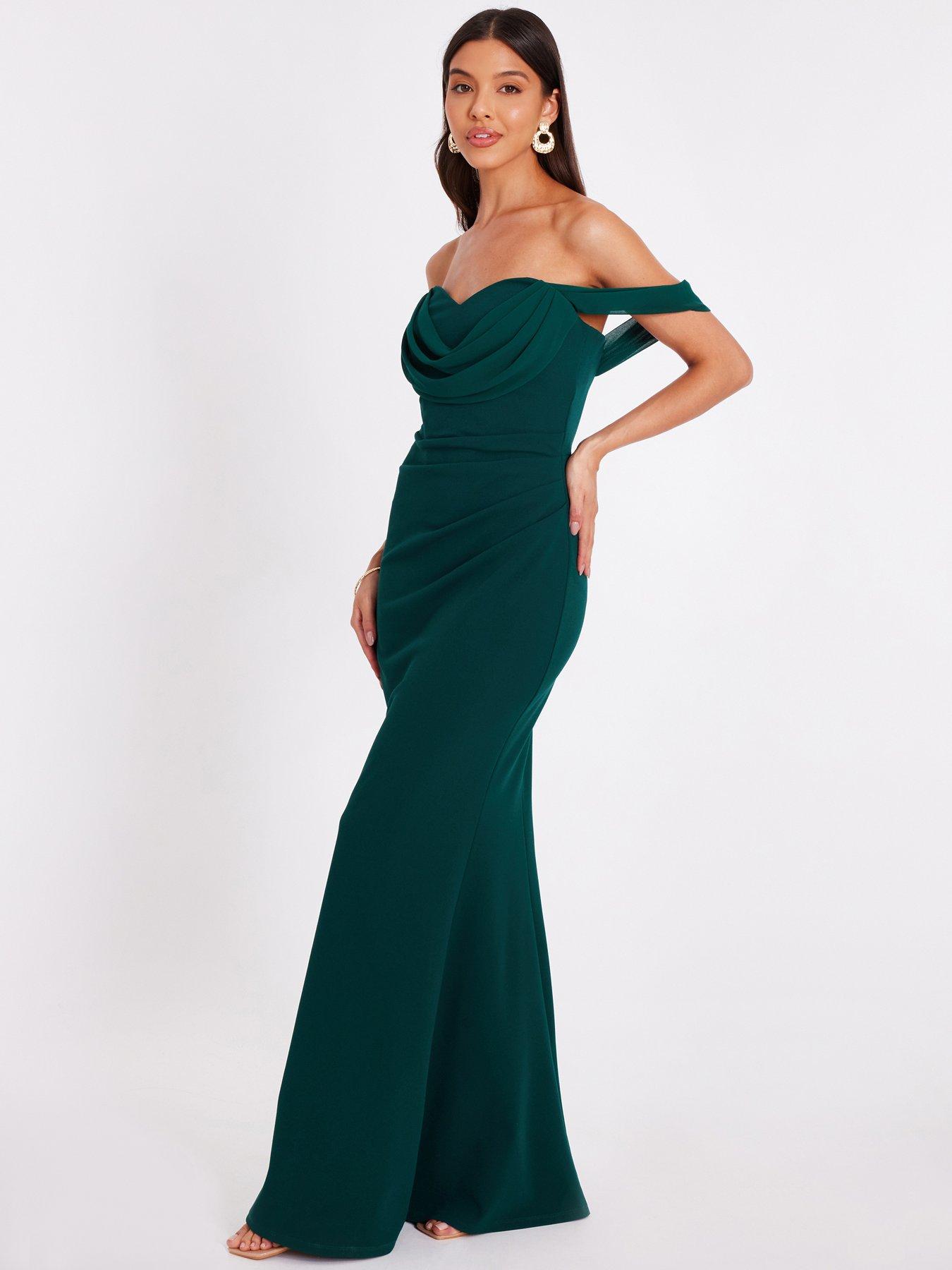 Image 3 of 6 of Quiz Bottle Green Chiffon Bardot Maxi Dress