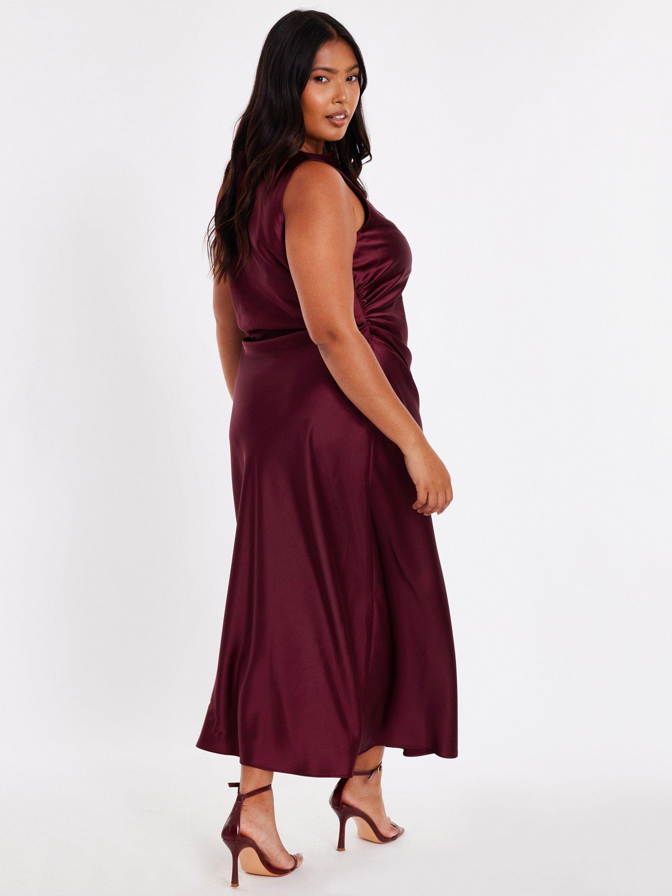 Image 2 of 6 of Quiz Curve Dark Red Satin Midaxi Dress