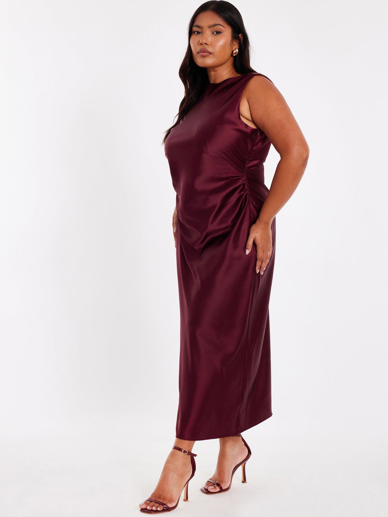 Image 3 of 6 of Quiz Curve Dark Red Satin Midaxi Dress