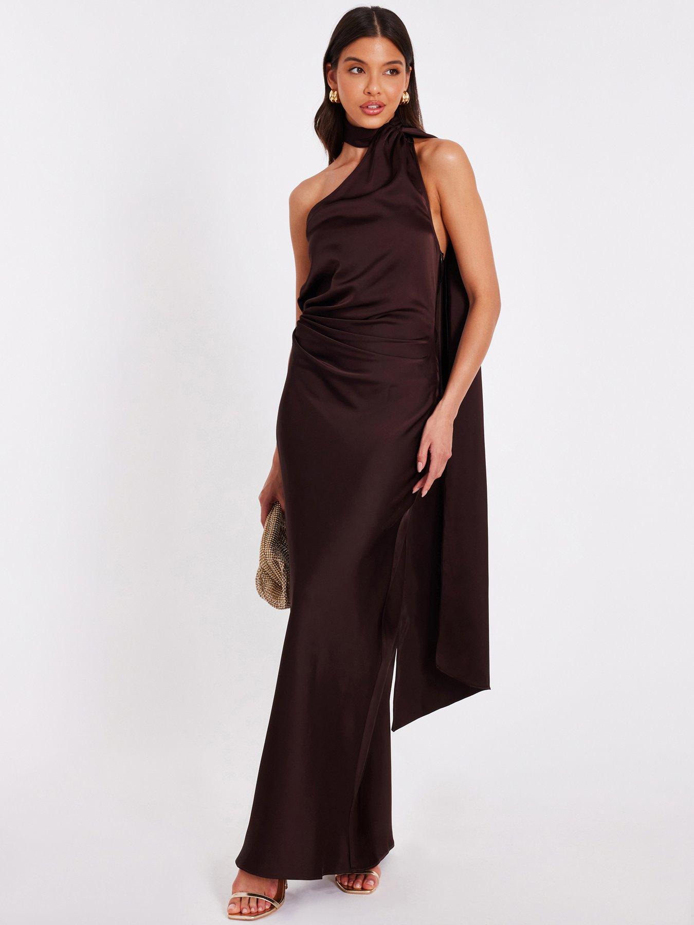 undefined Brown Satin Wrap Neck Maxi Dress