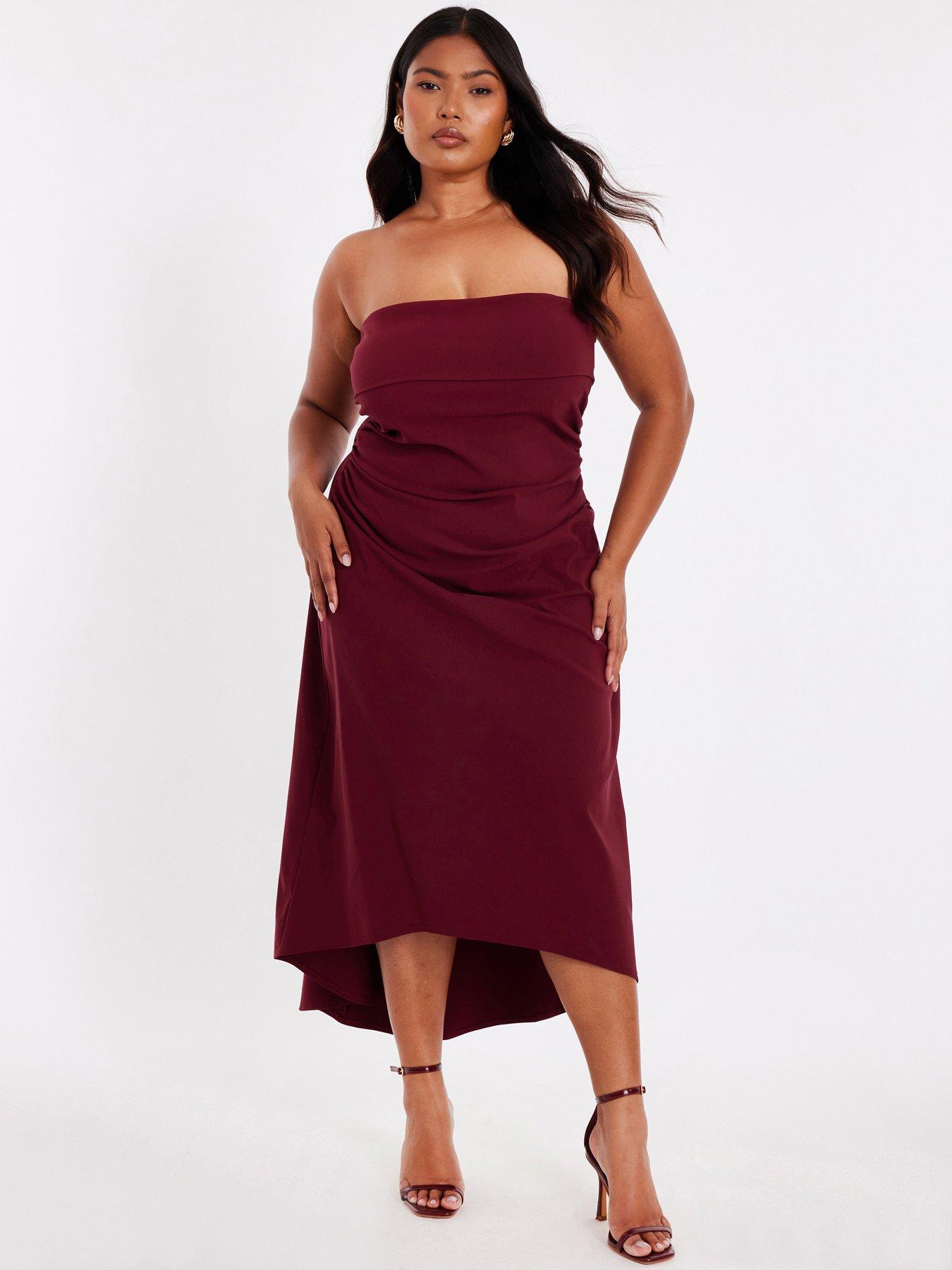 Image 1 of 6 of Quiz Curve Dark Red Bandeau Midi Dress
