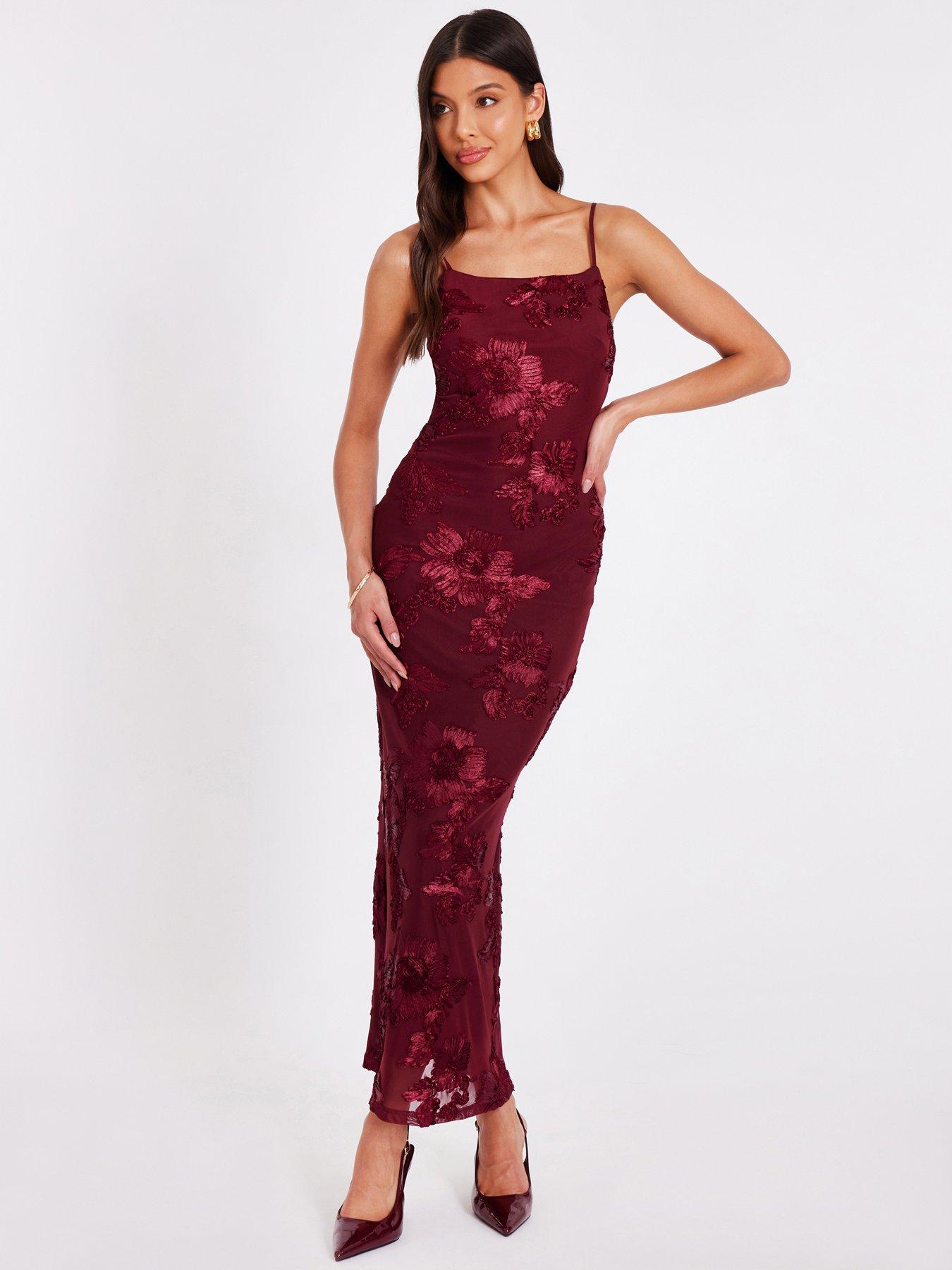 undefined Dark Red Floral Applique Midaxi Dress