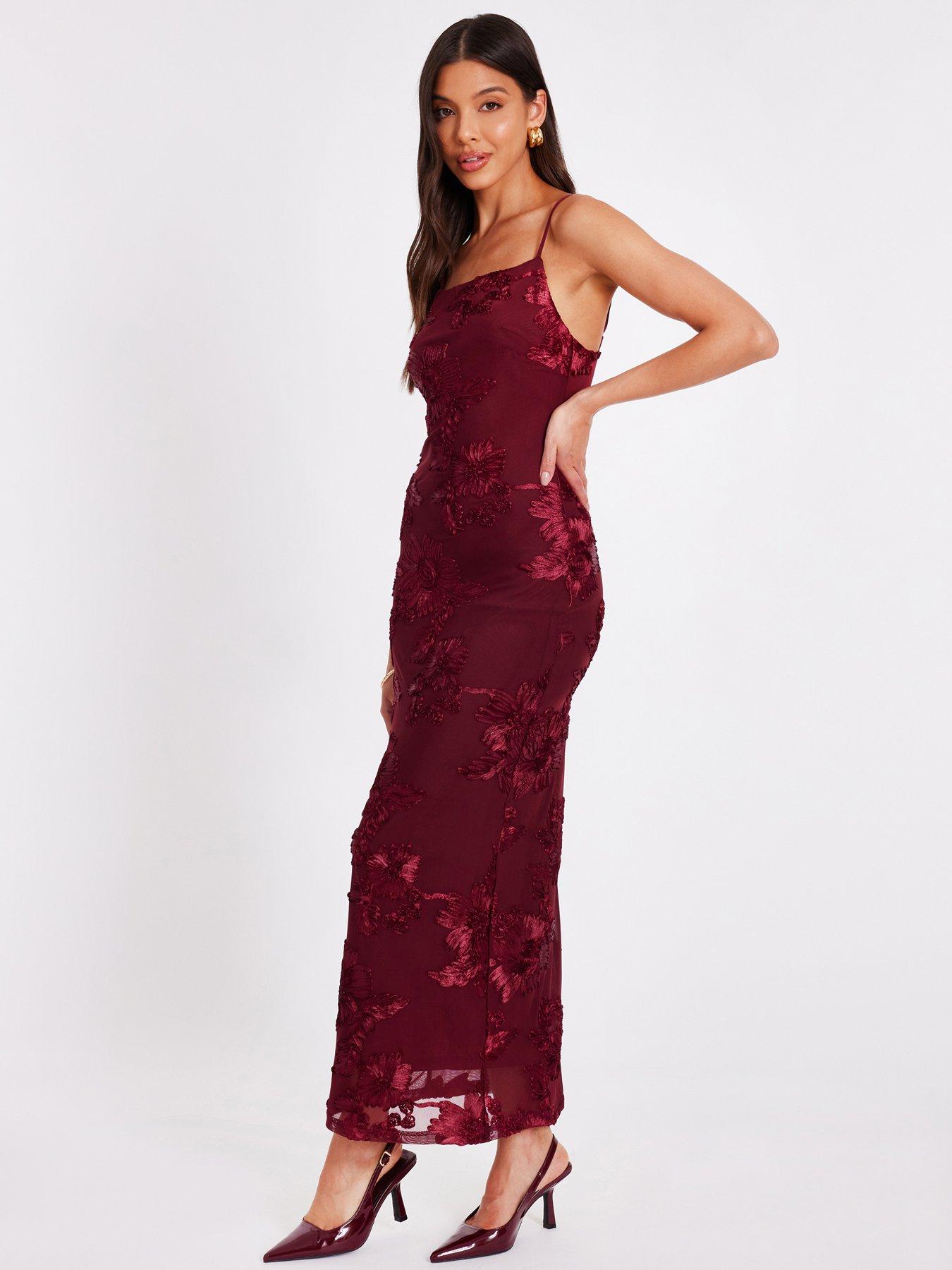 Image 3 of 6 of Quiz Dark Red Floral Applique Midaxi Dress