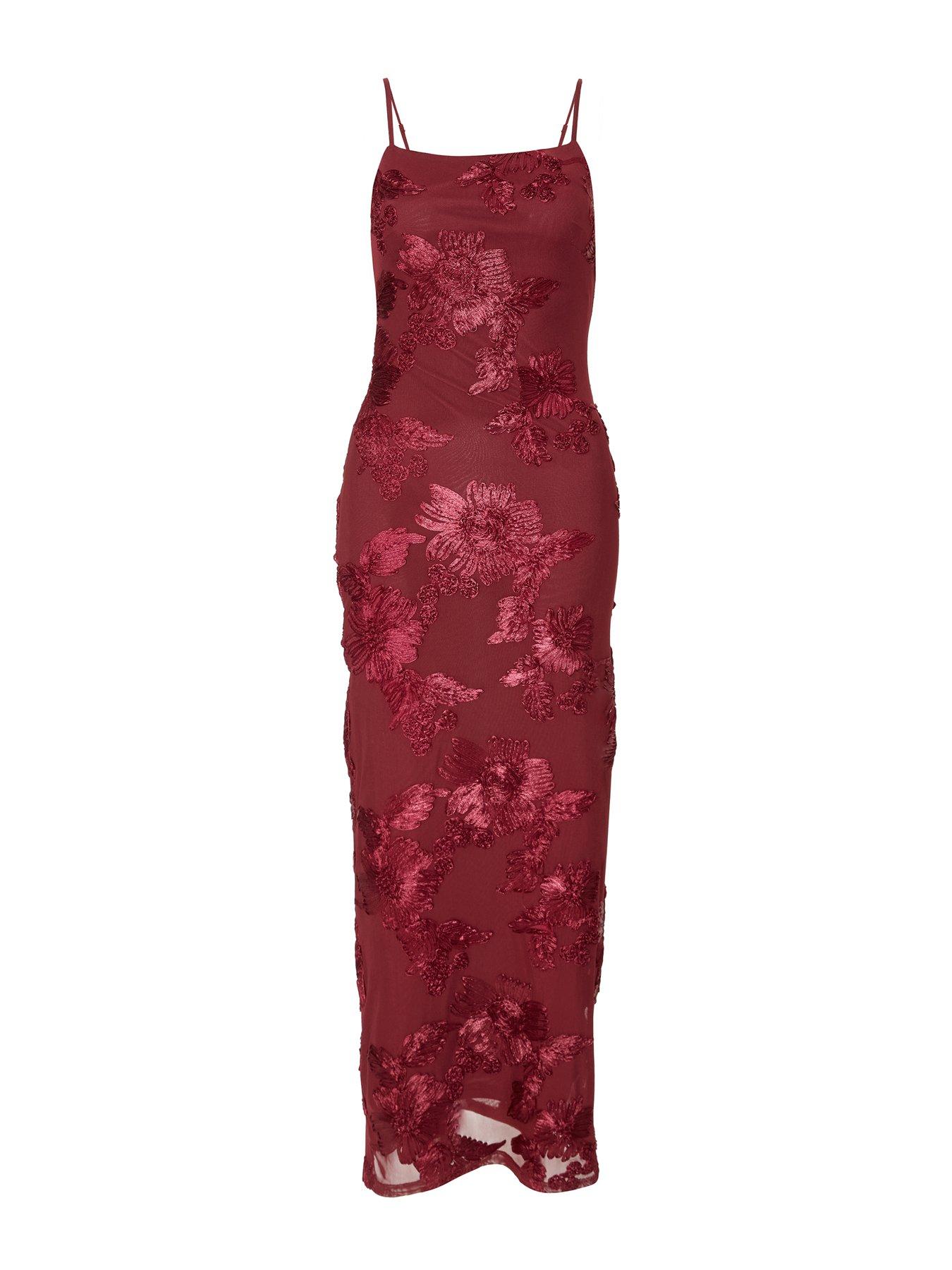 Image 4 of 6 of Quiz Dark Red Floral Applique Midaxi Dress