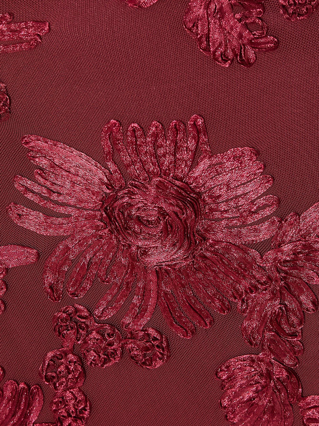 Image 6 of 6 of Quiz Dark Red Floral Applique Midaxi Dress