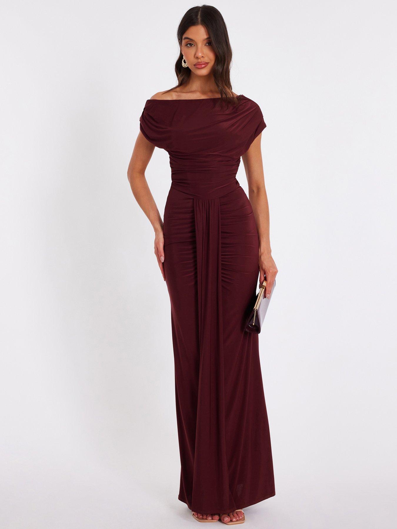 undefined Dark Red Off Shoulder Ruched Maxi Dress