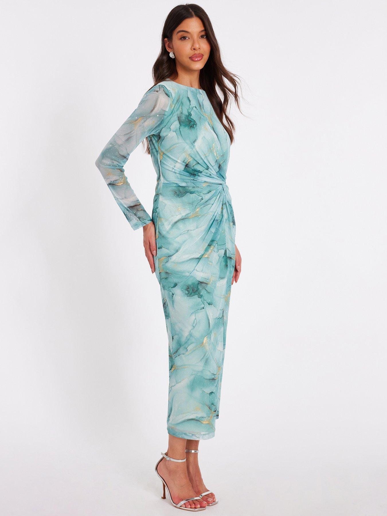 Image 3 of 6 of Quiz Sage Printed Diamante Midaxi Dress