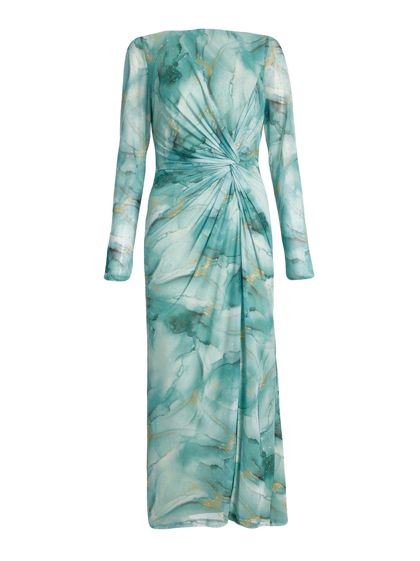 Image 4 of 6 of Quiz Sage Printed Diamante Midaxi Dress