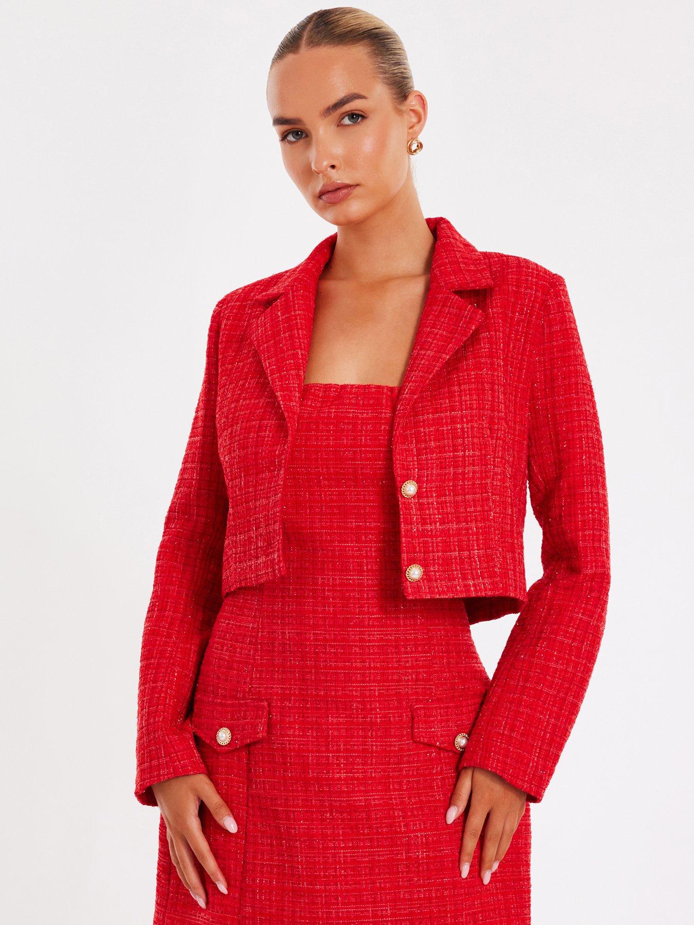 undefined Red Boucle Cropped Blazer