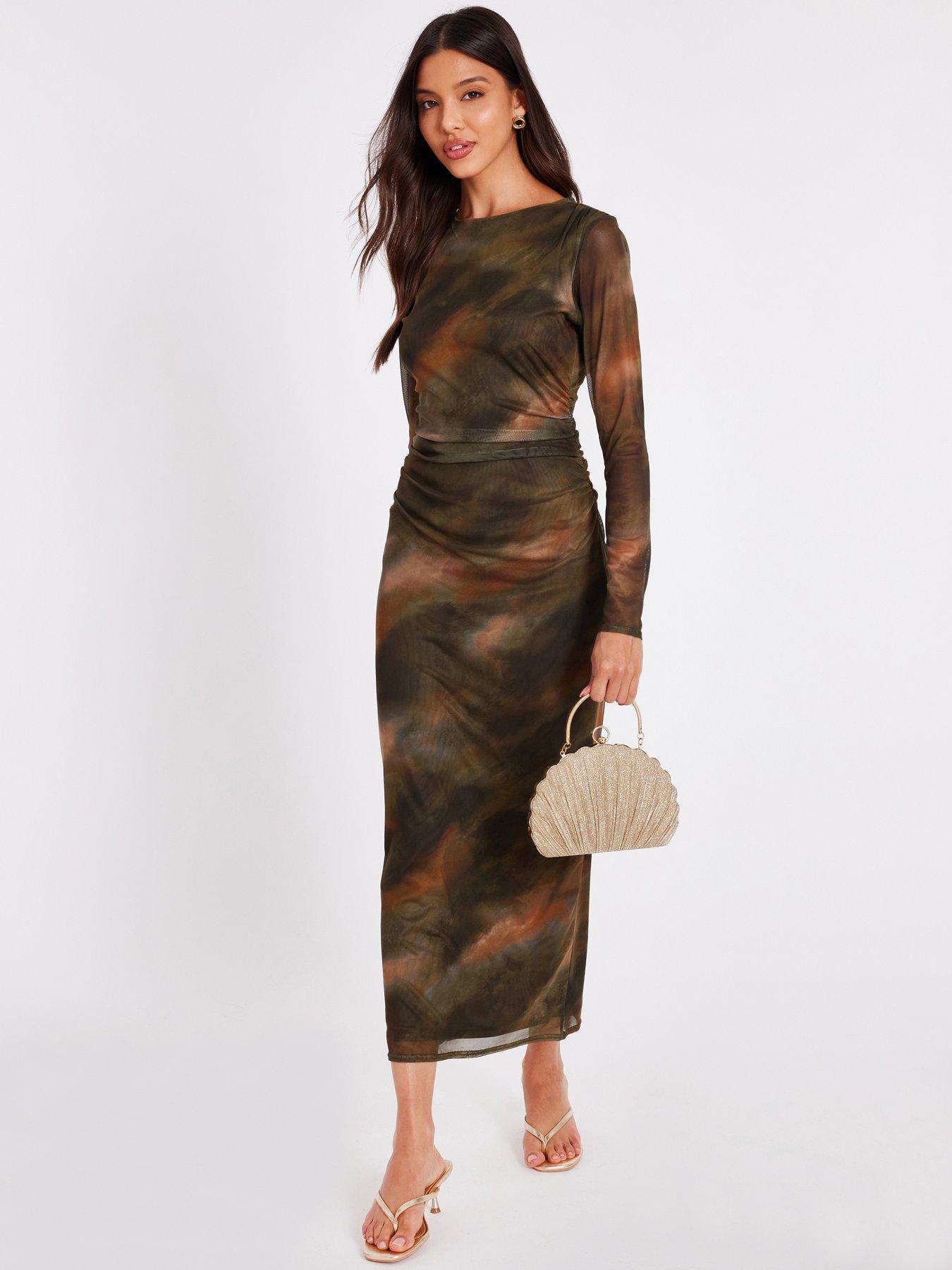undefined Khaki Printed Long Sleeve Midaxi Dress