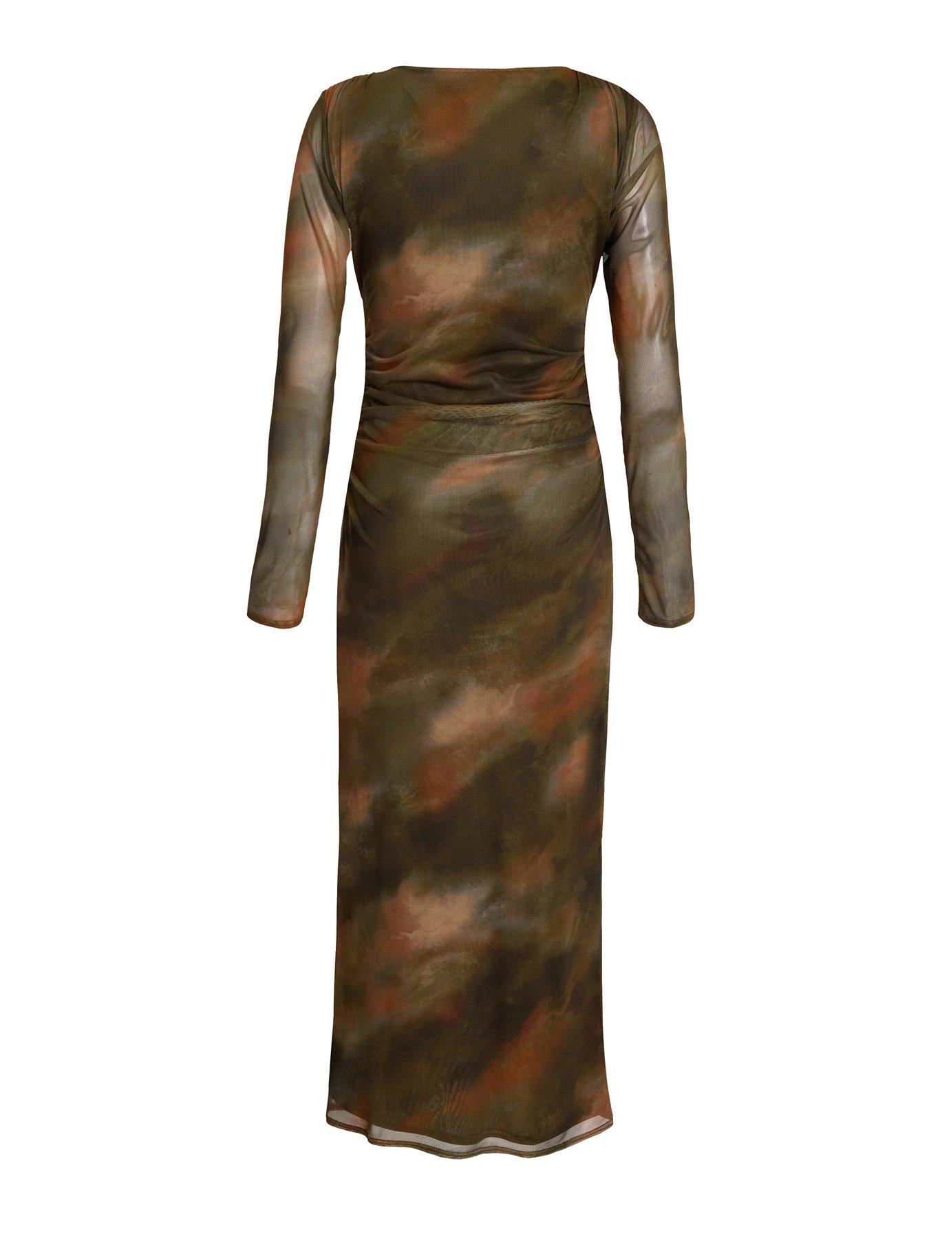 Image 4 of 6 of Quiz Khaki Printed Long Sleeve Midaxi Dress