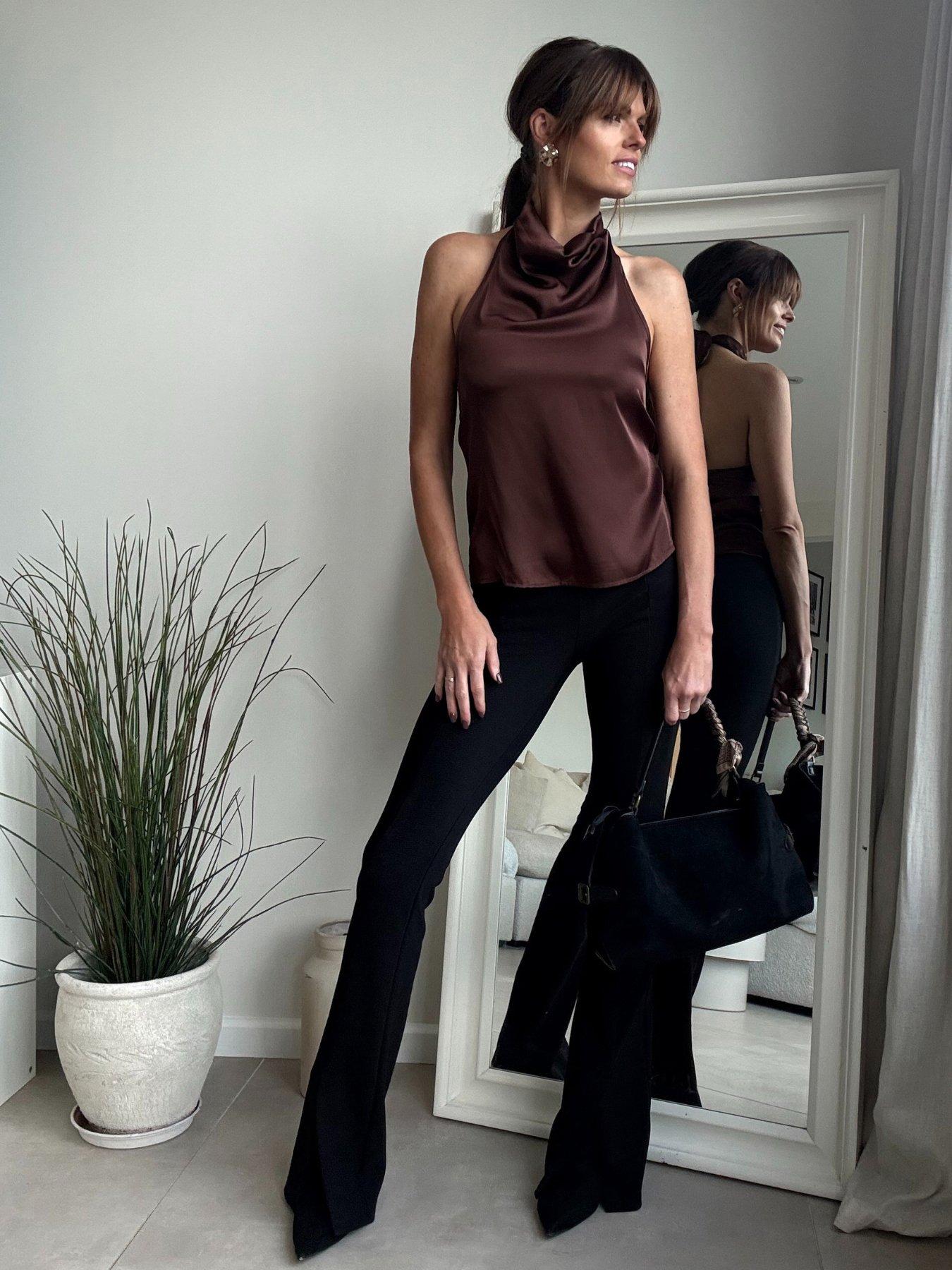 front image of style-cheat-satin-drape-top-brown