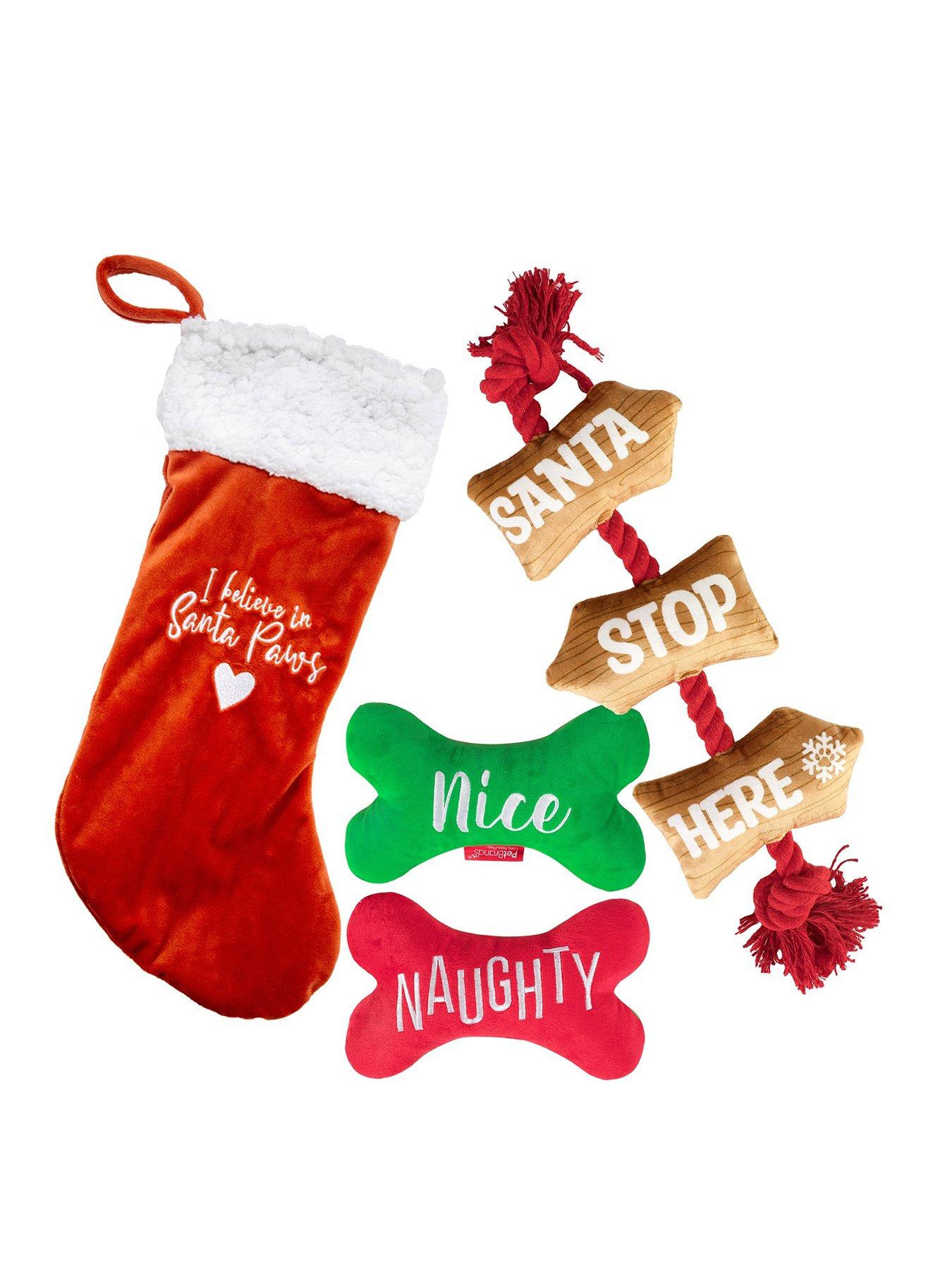 Pet Brands 3 Pack - Pet Stocking, Santa Stop Here Rope toy & reversivle plush bone toy
