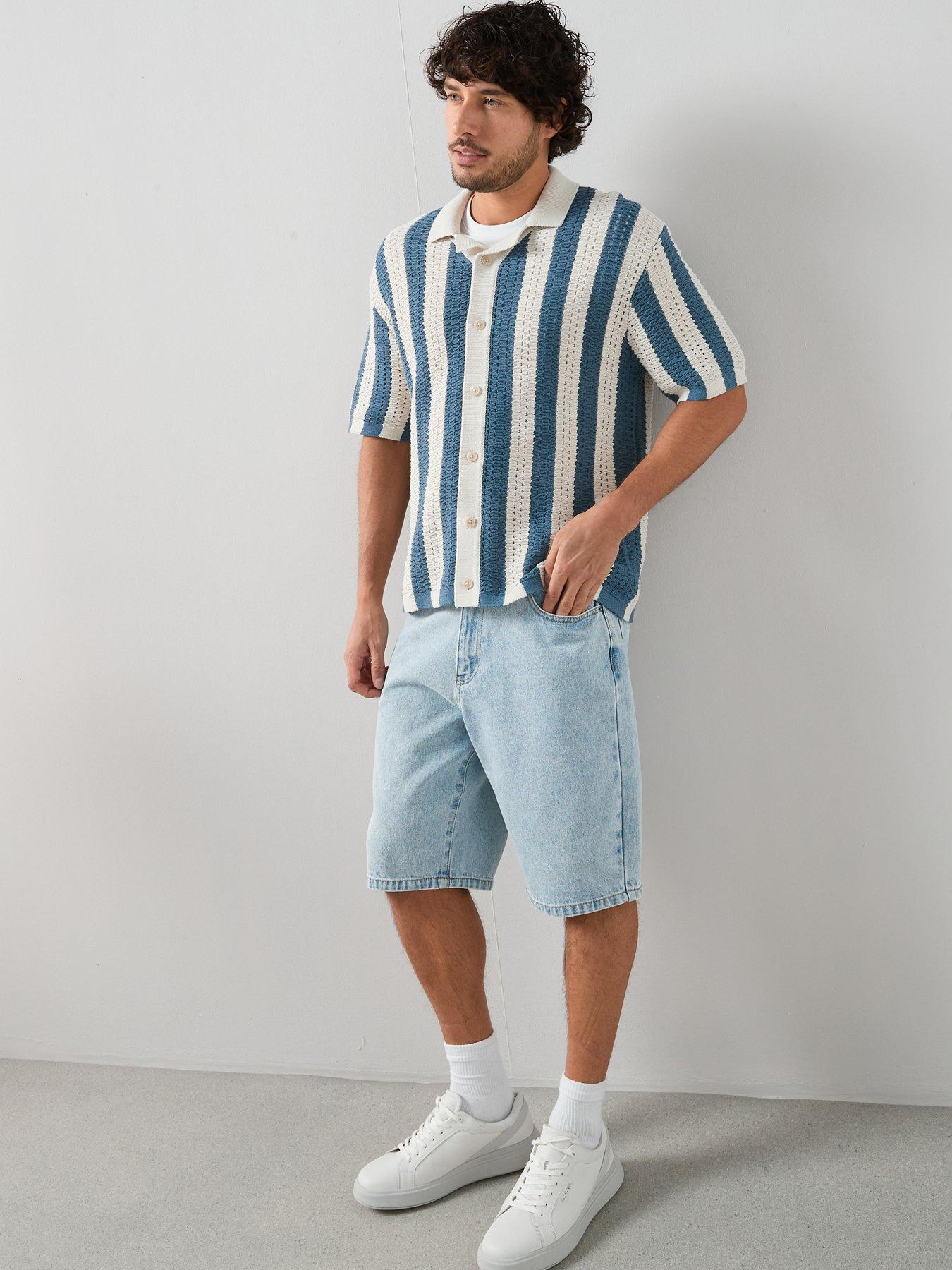 Image 1 of 7 of The Very Collection Crochet Stripe Button Through Shirt - Ecru/Blue