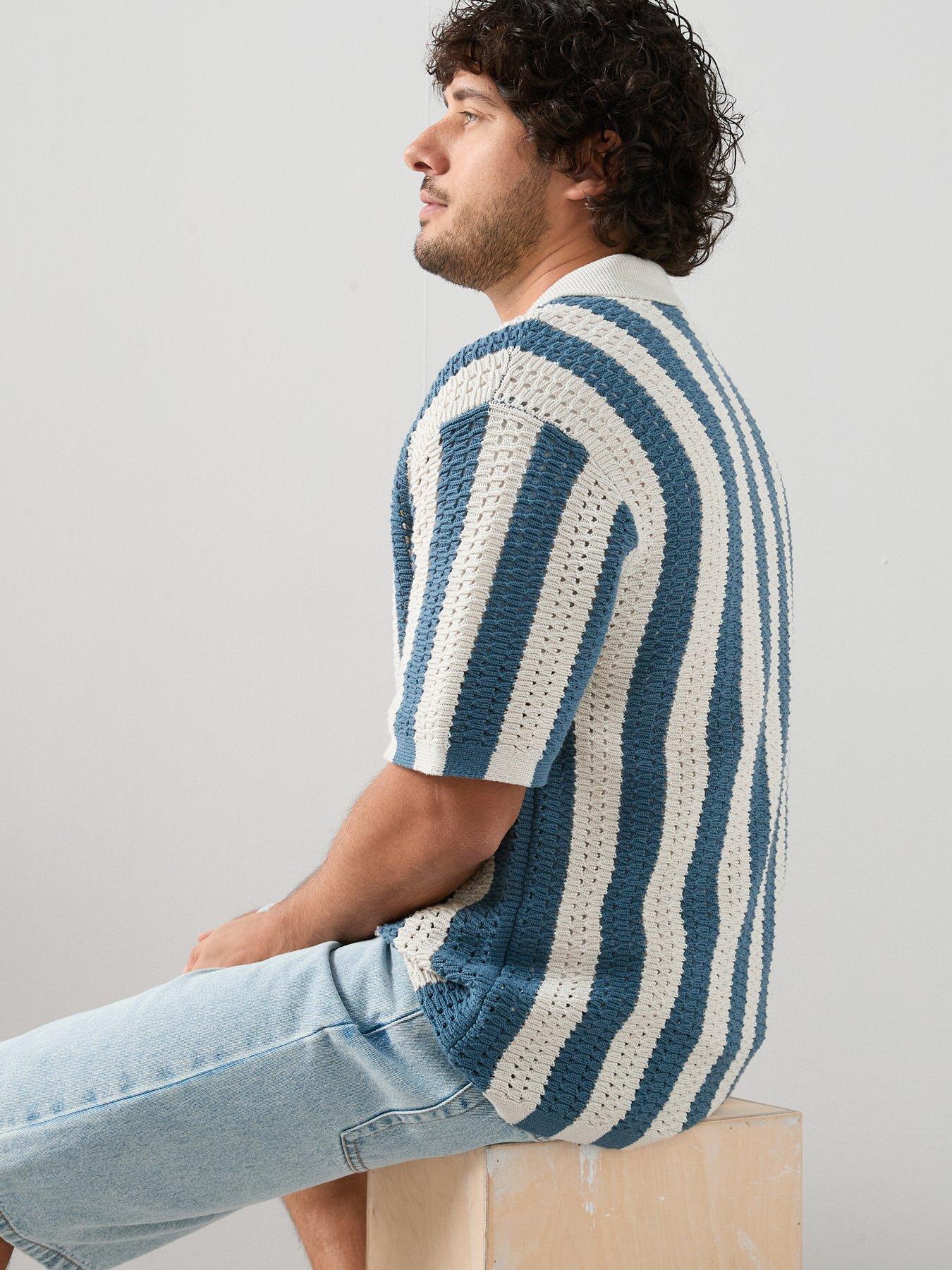 Image 2 of 7 of The Very Collection Crochet Stripe Button Through Shirt - Ecru/Blue