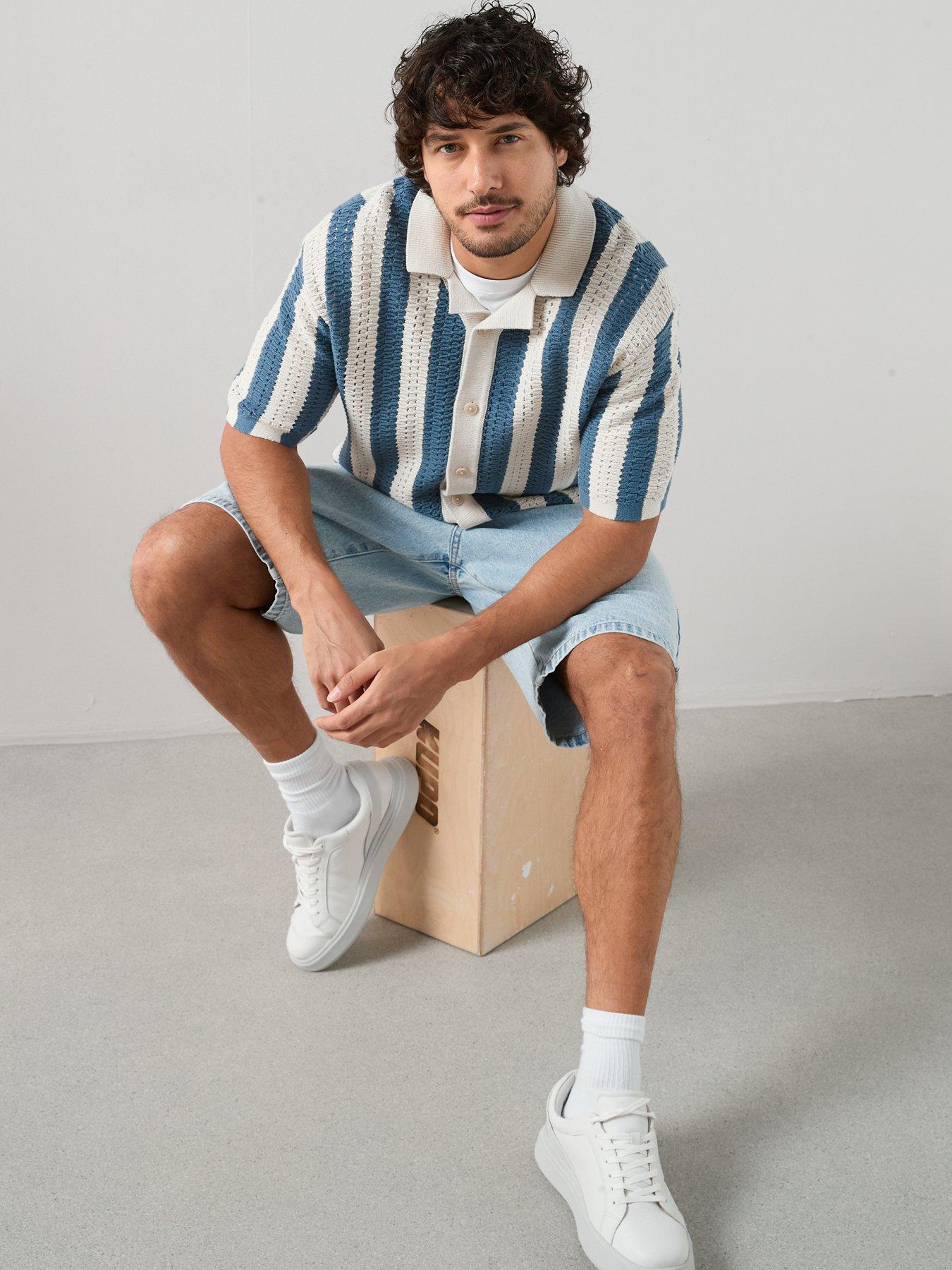 Image 3 of 7 of The Very Collection Crochet Stripe Button Through Shirt - Ecru/Blue