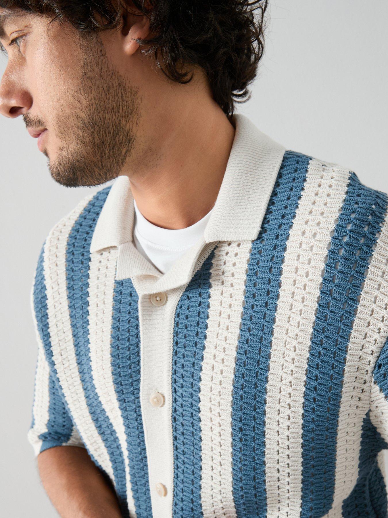 Image 4 of 7 of The Very Collection Crochet Stripe Button Through Shirt - Ecru/Blue