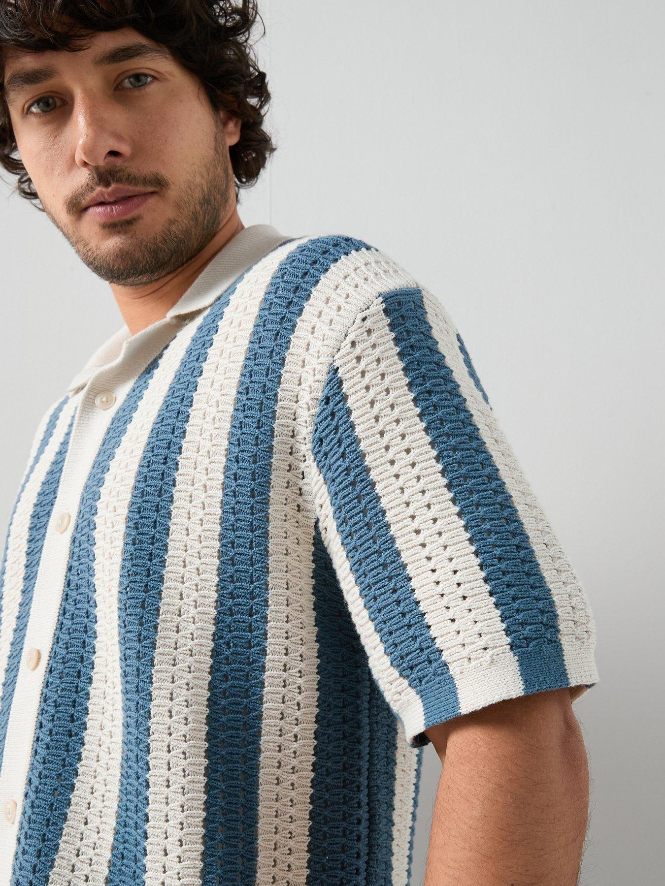 Image 5 of 7 of The Very Collection Crochet Stripe Button Through Shirt - Ecru/Blue