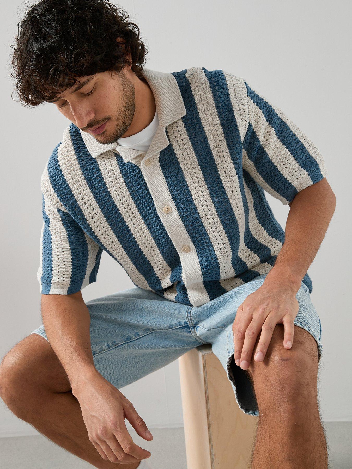 Image 6 of 7 of The Very Collection Crochet Stripe Button Through Shirt - Ecru/Blue