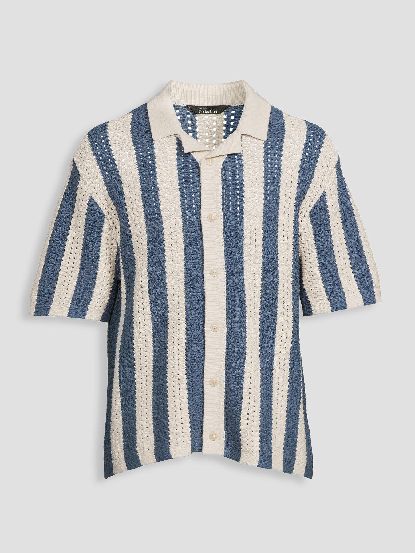 Image 7 of 7 of The Very Collection Crochet Stripe Button Through Shirt - Ecru/Blue
