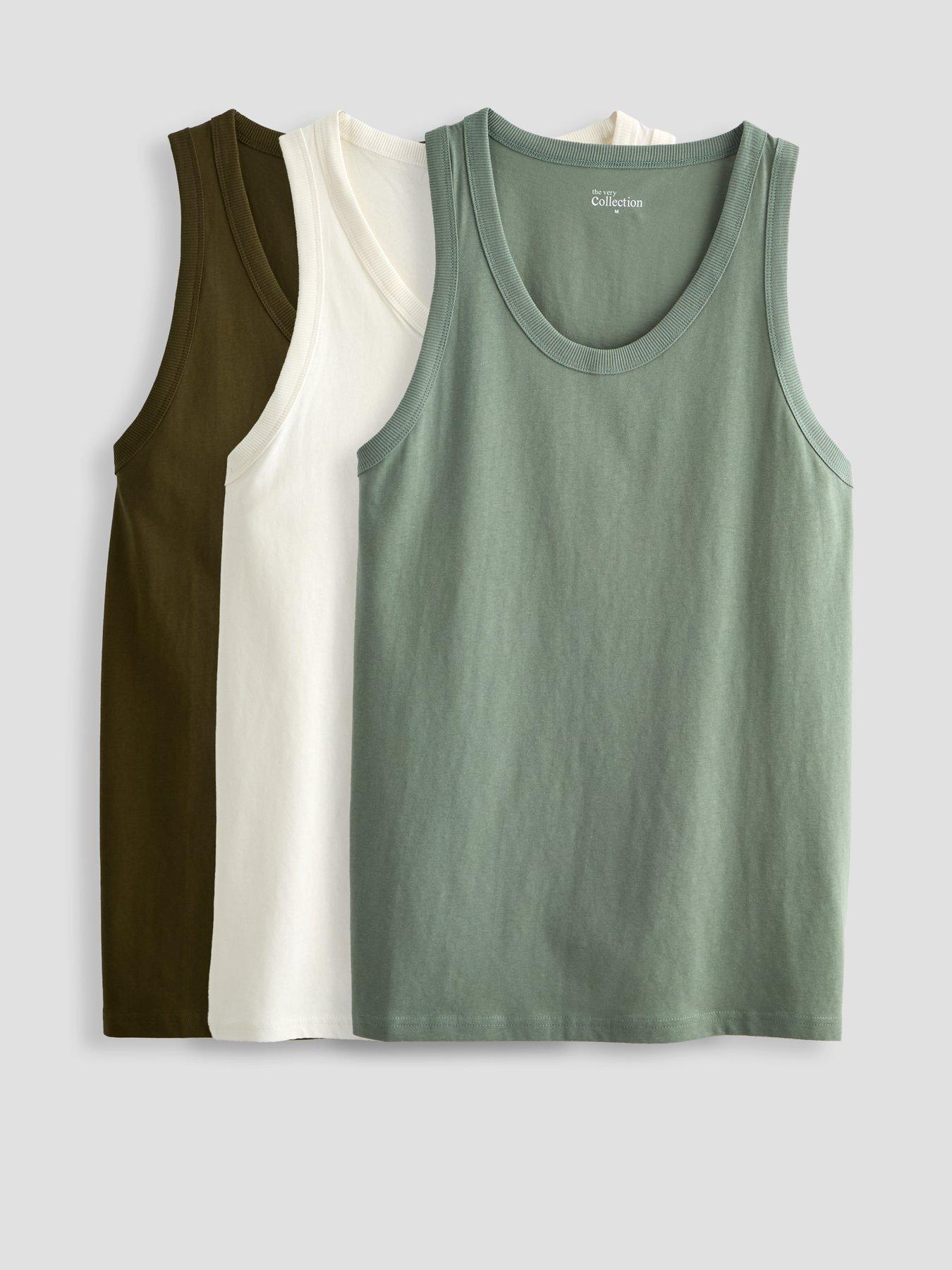 The Very Collection 3 Pack Pure Cotton Jersey Vests - Cream/Khaki/Forest Green