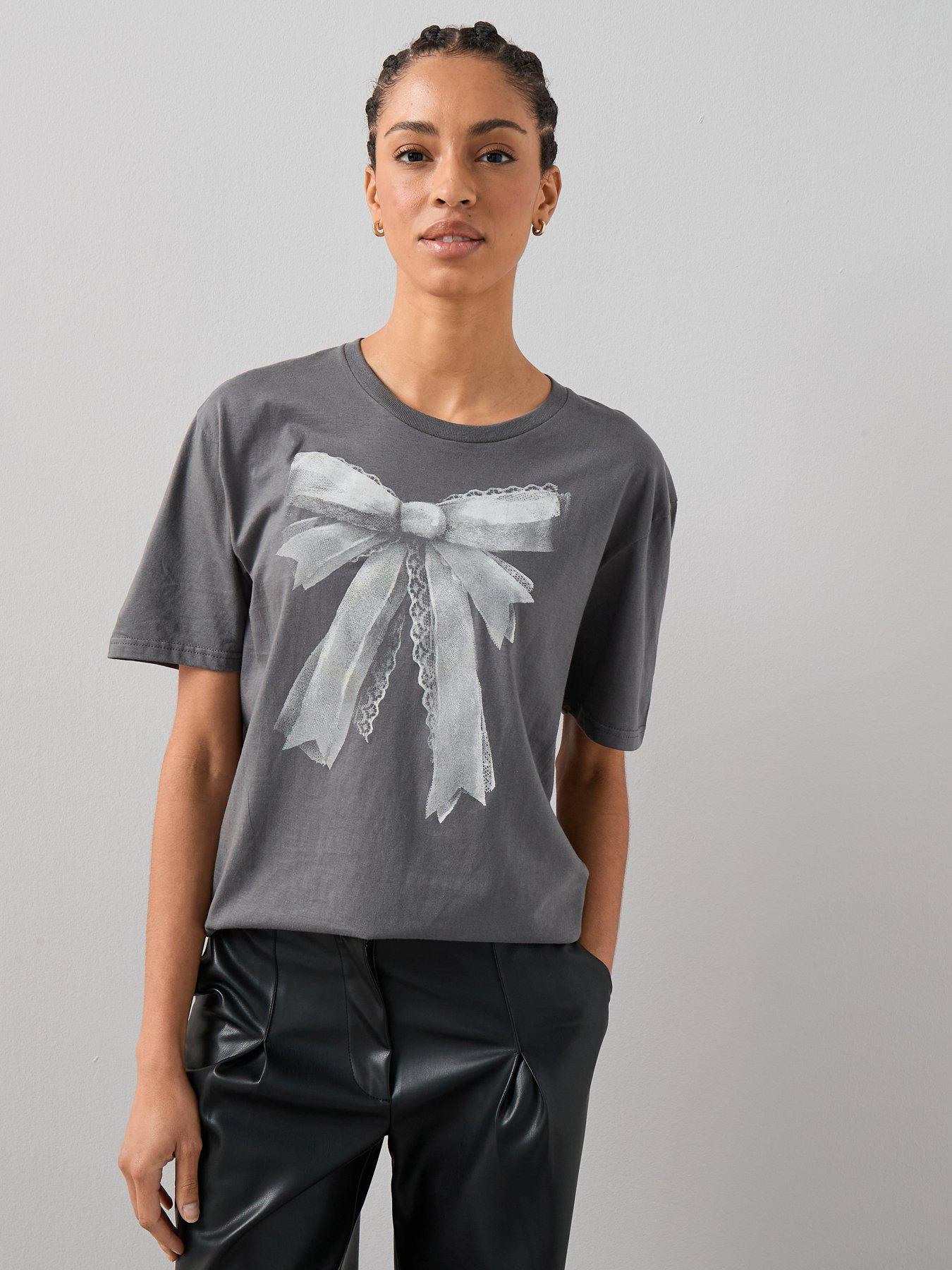  image of the-very-collection-bow-amp-lace-print-oversized-graphic-t-shirt-grey