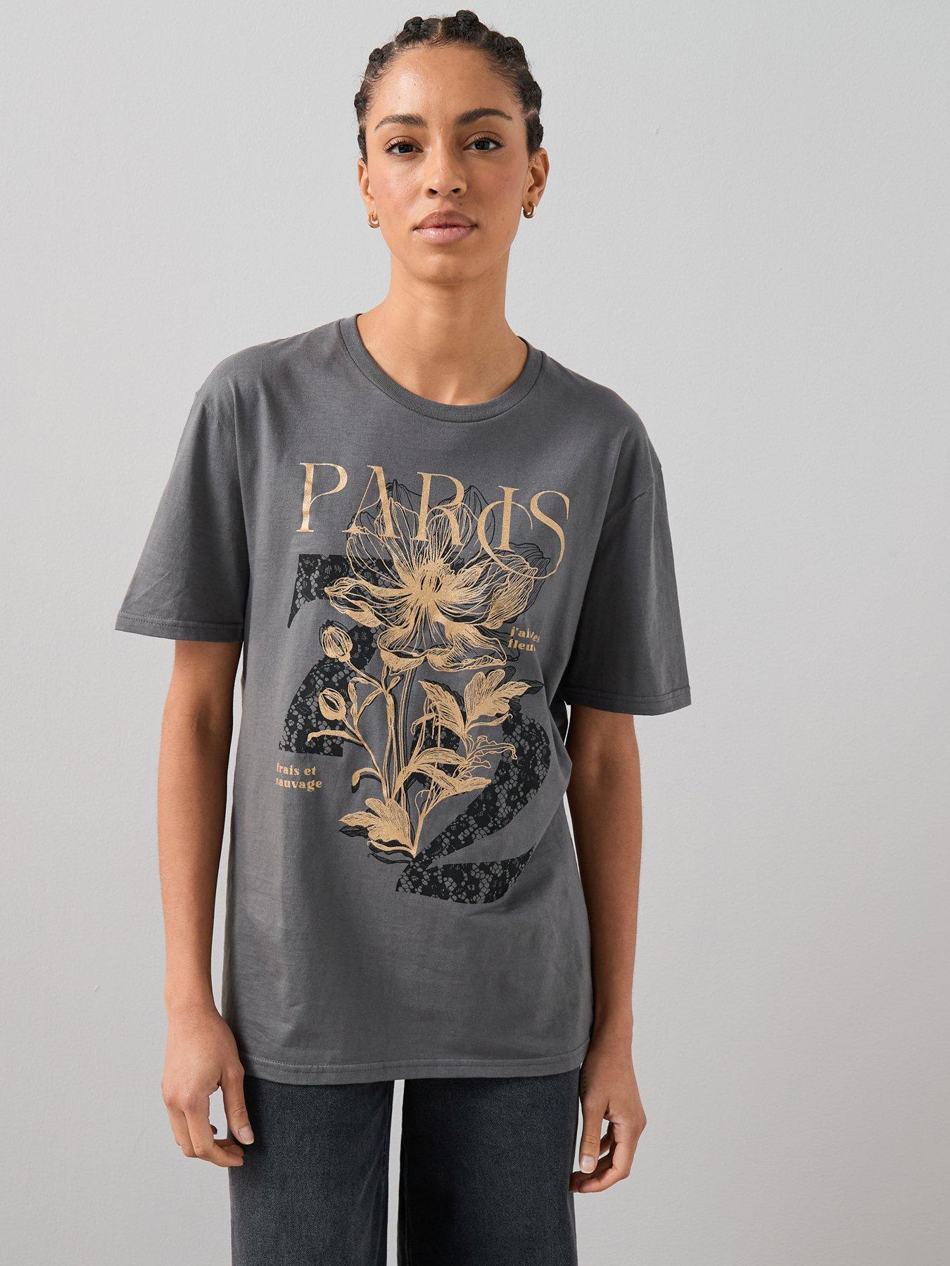  image of the-very-collection-paris-lace-print-oversized-graphic-t-shirt-grey