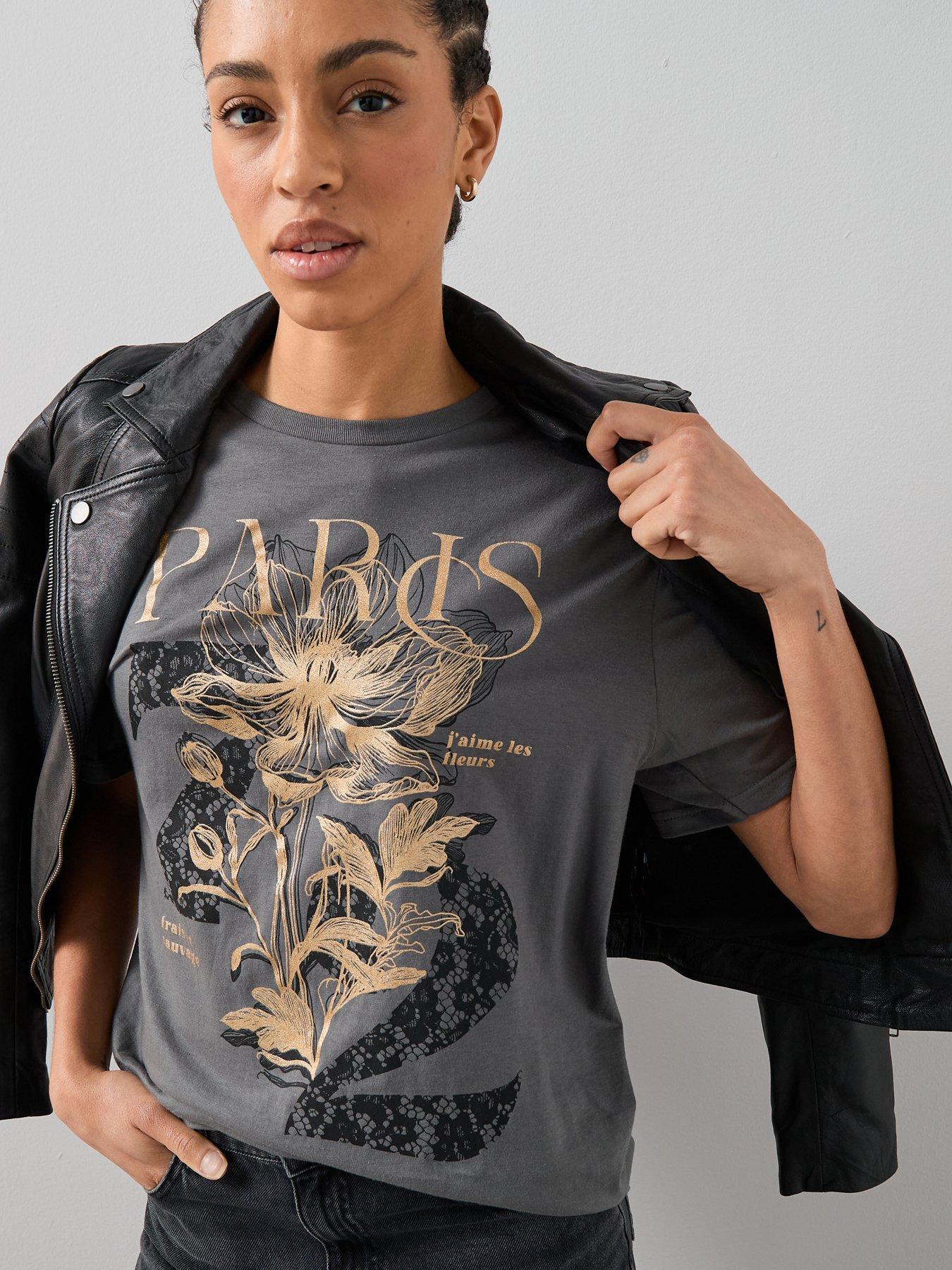  image of the-very-collection-paris-lace-print-oversized-graphic-t-shirt-grey