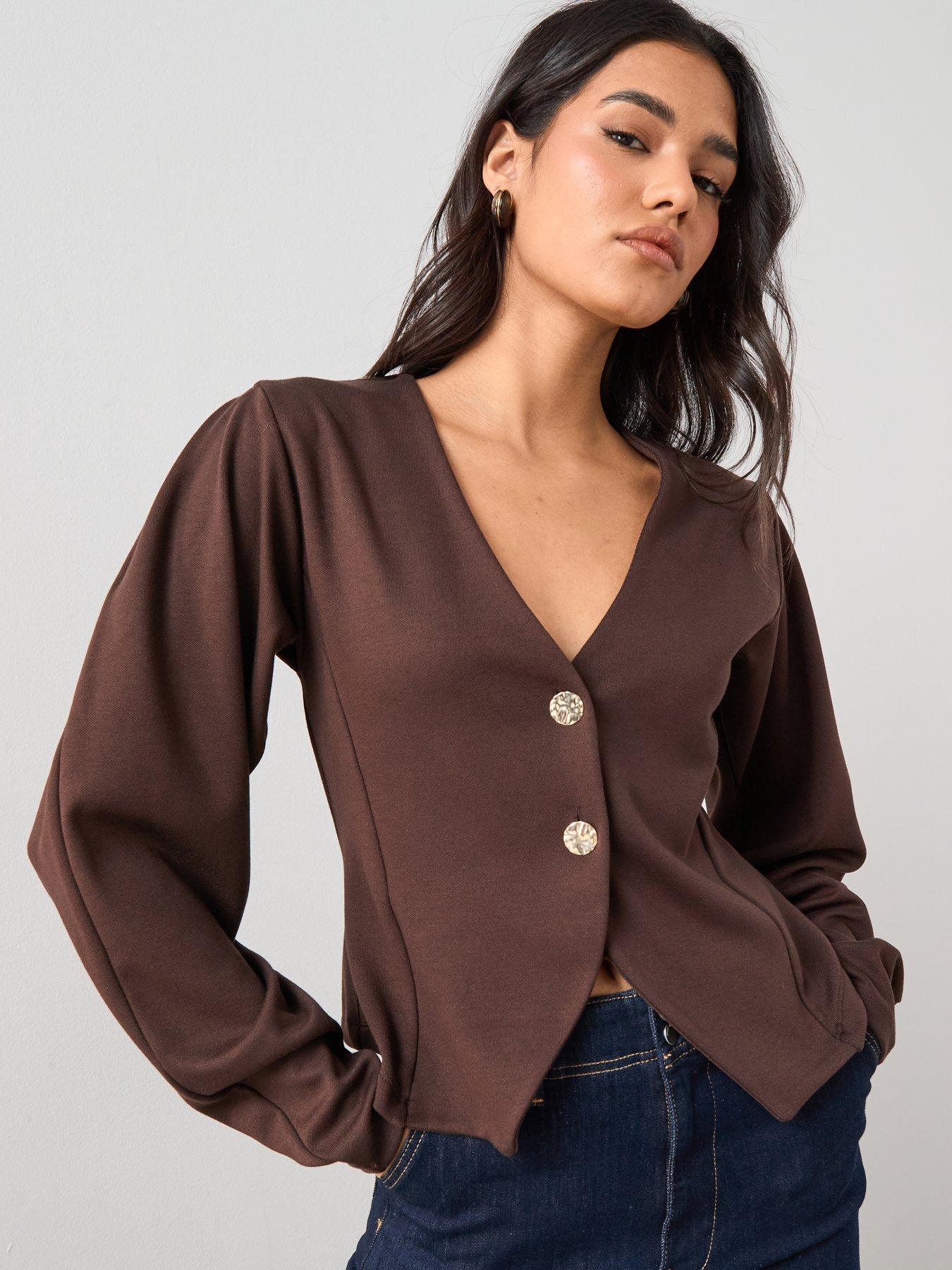 The Very Collection Long Sleeve Button Up Top - Brown