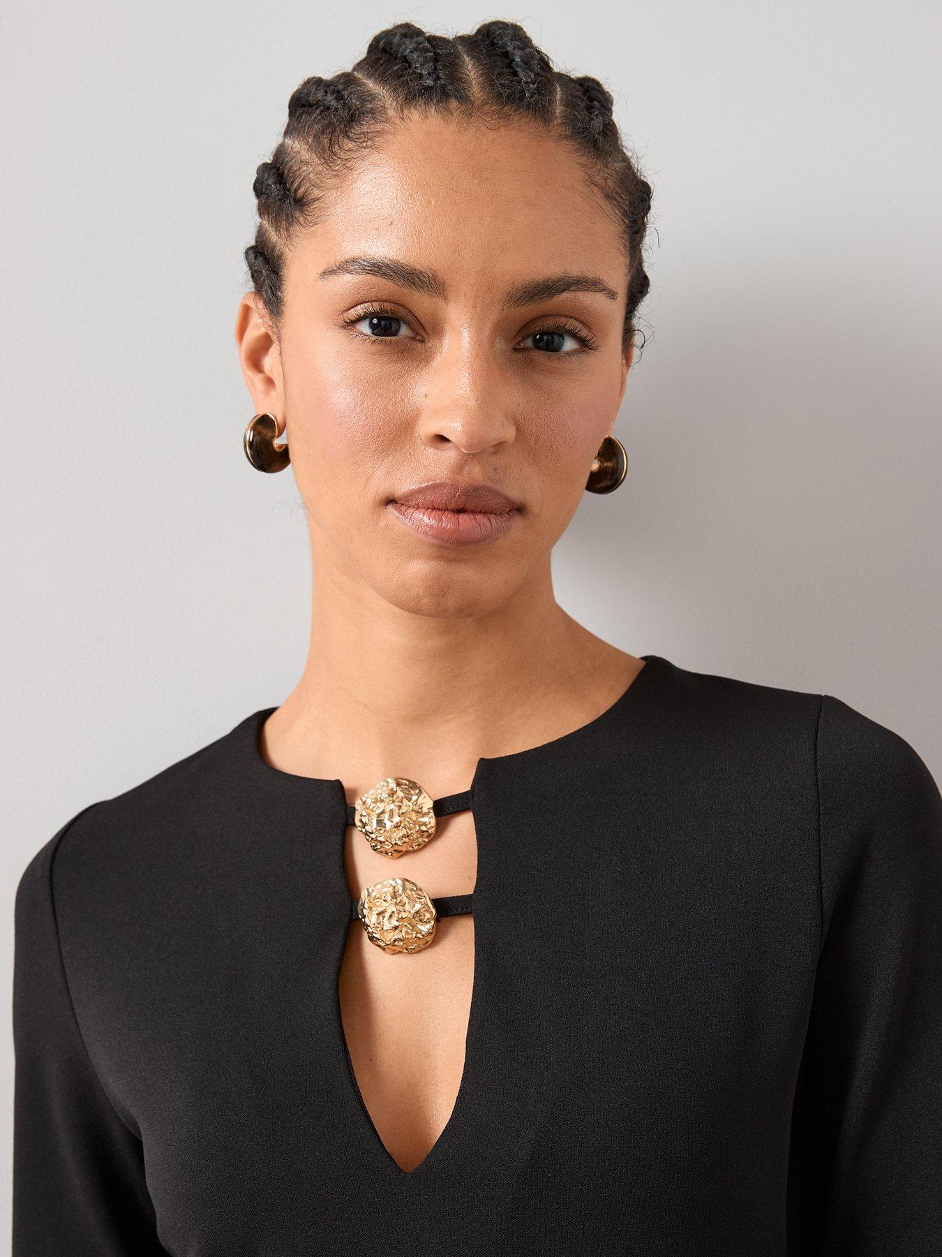  image of the-very-collection-gold-trim-drop-hem-long-sleeve-mini-dress-black