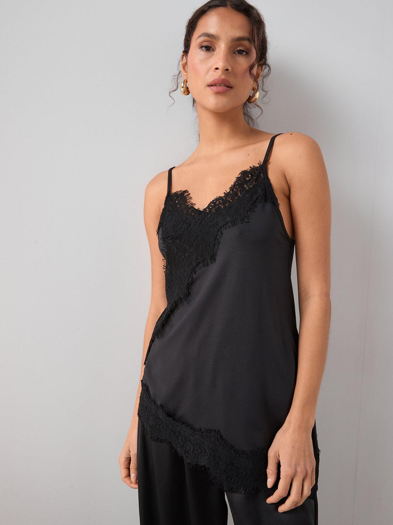 The Very Collection Asymmetric Lace Trim Cami Top - Black
