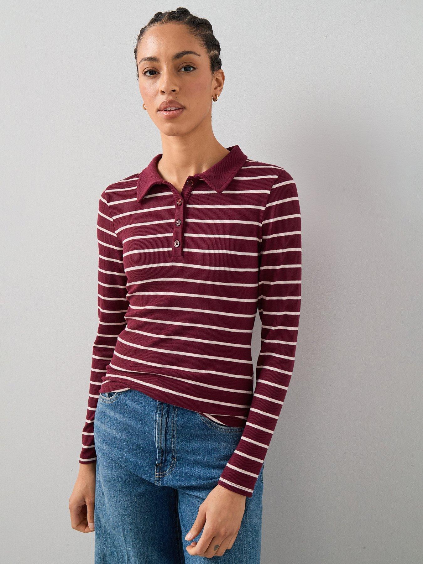 front image of the-very-collection-collar-detail-long-sleeve-stripe-rib-top-red