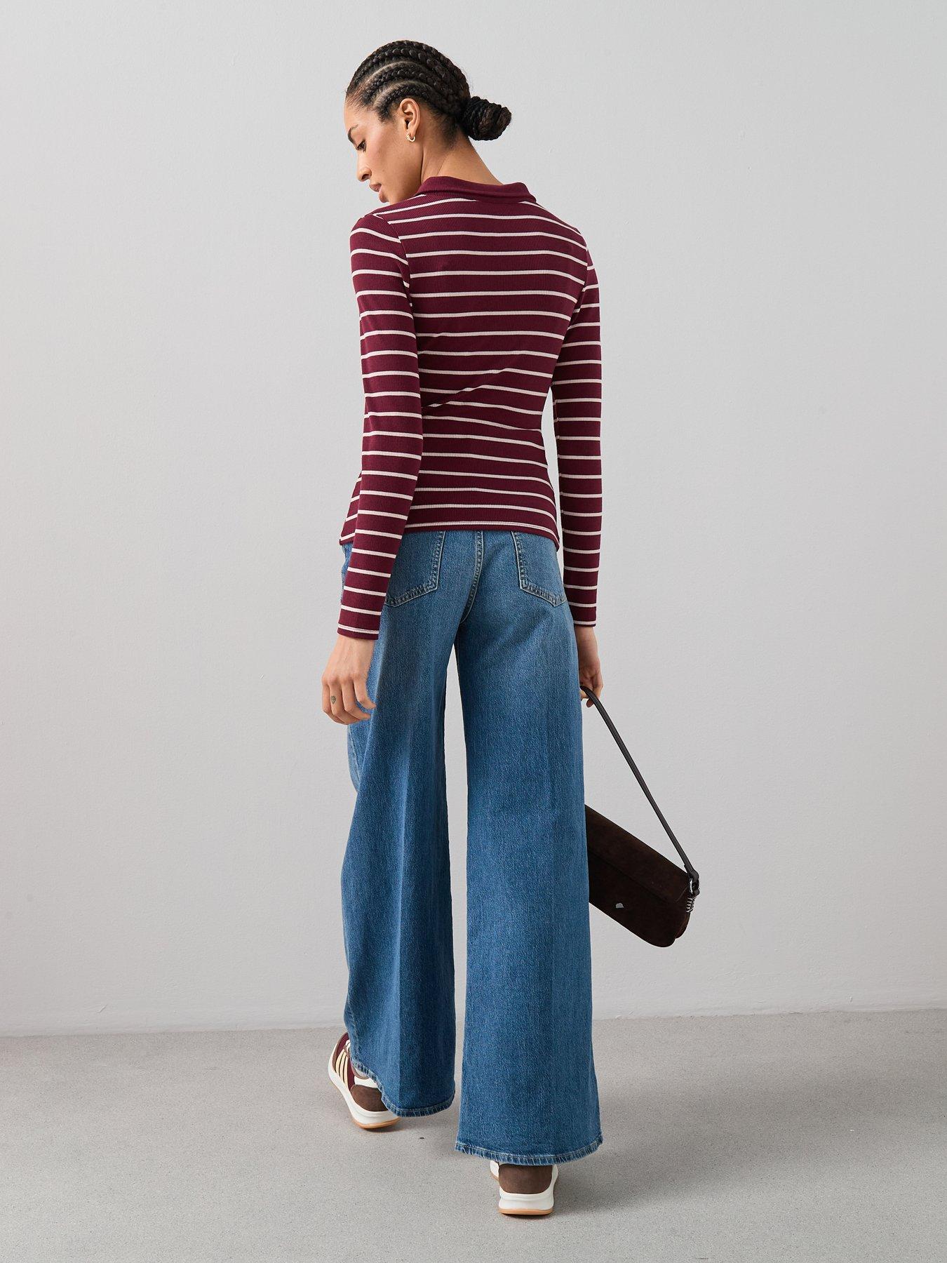  image of the-very-collection-collar-detail-long-sleeve-stripe-rib-top-red
