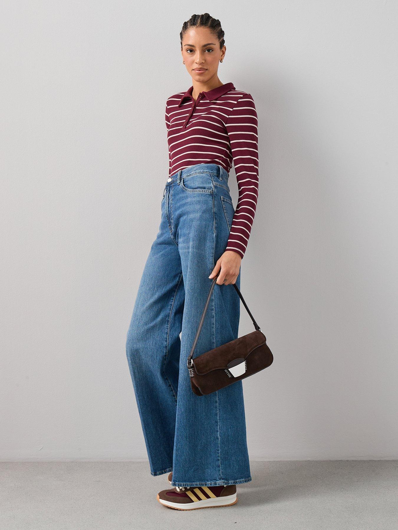  image of the-very-collection-collar-detail-long-sleeve-stripe-rib-top-red