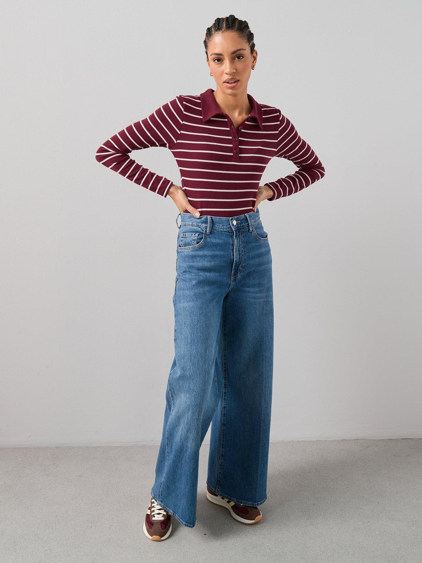  image of the-very-collection-collar-detail-long-sleeve-stripe-rib-top-red