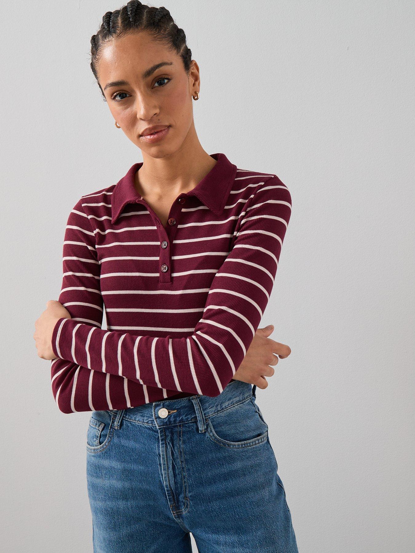 image of the-very-collection-collar-detail-long-sleeve-stripe-rib-top-red