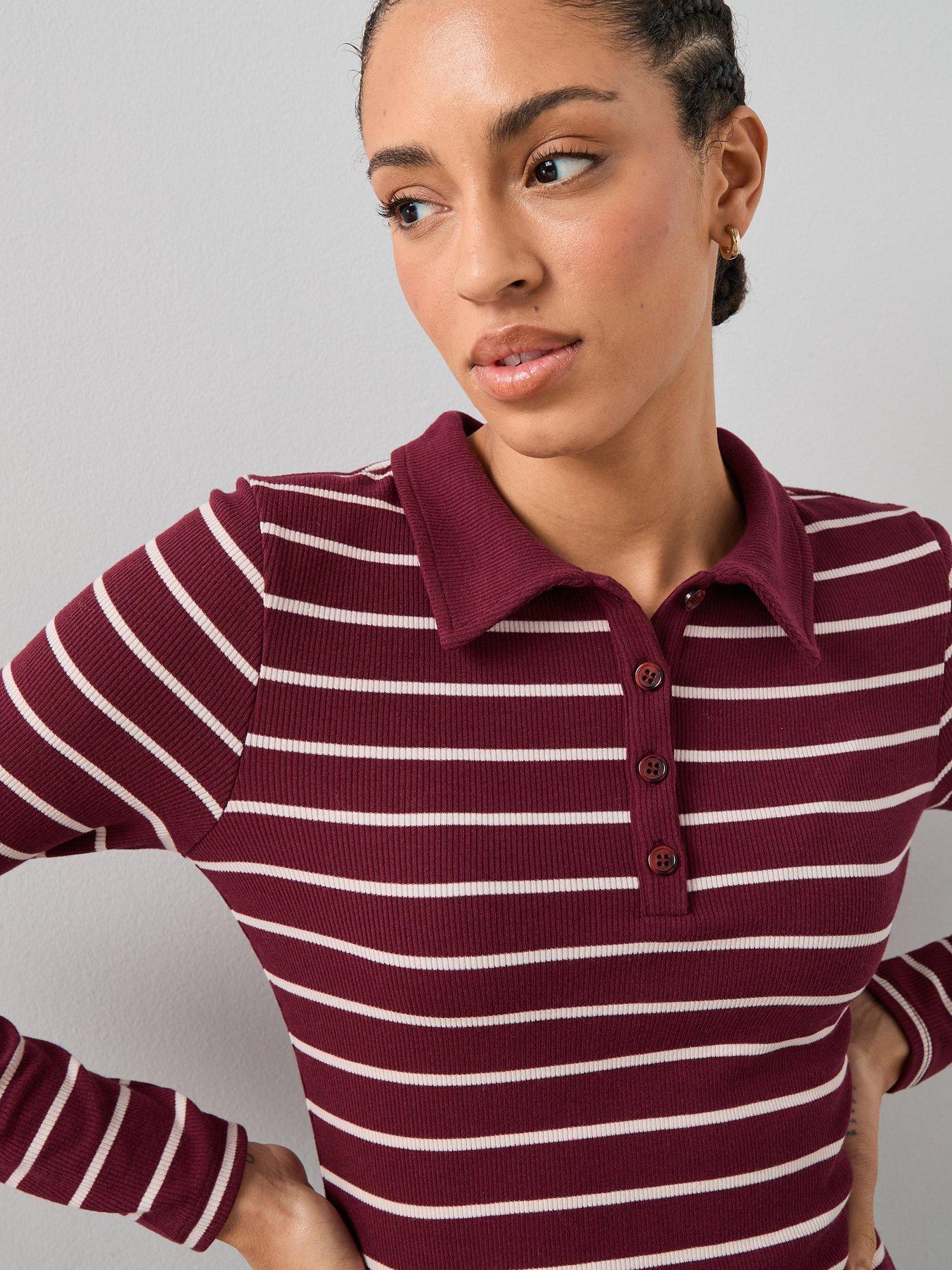  image of the-very-collection-collar-detail-long-sleeve-stripe-rib-top-red
