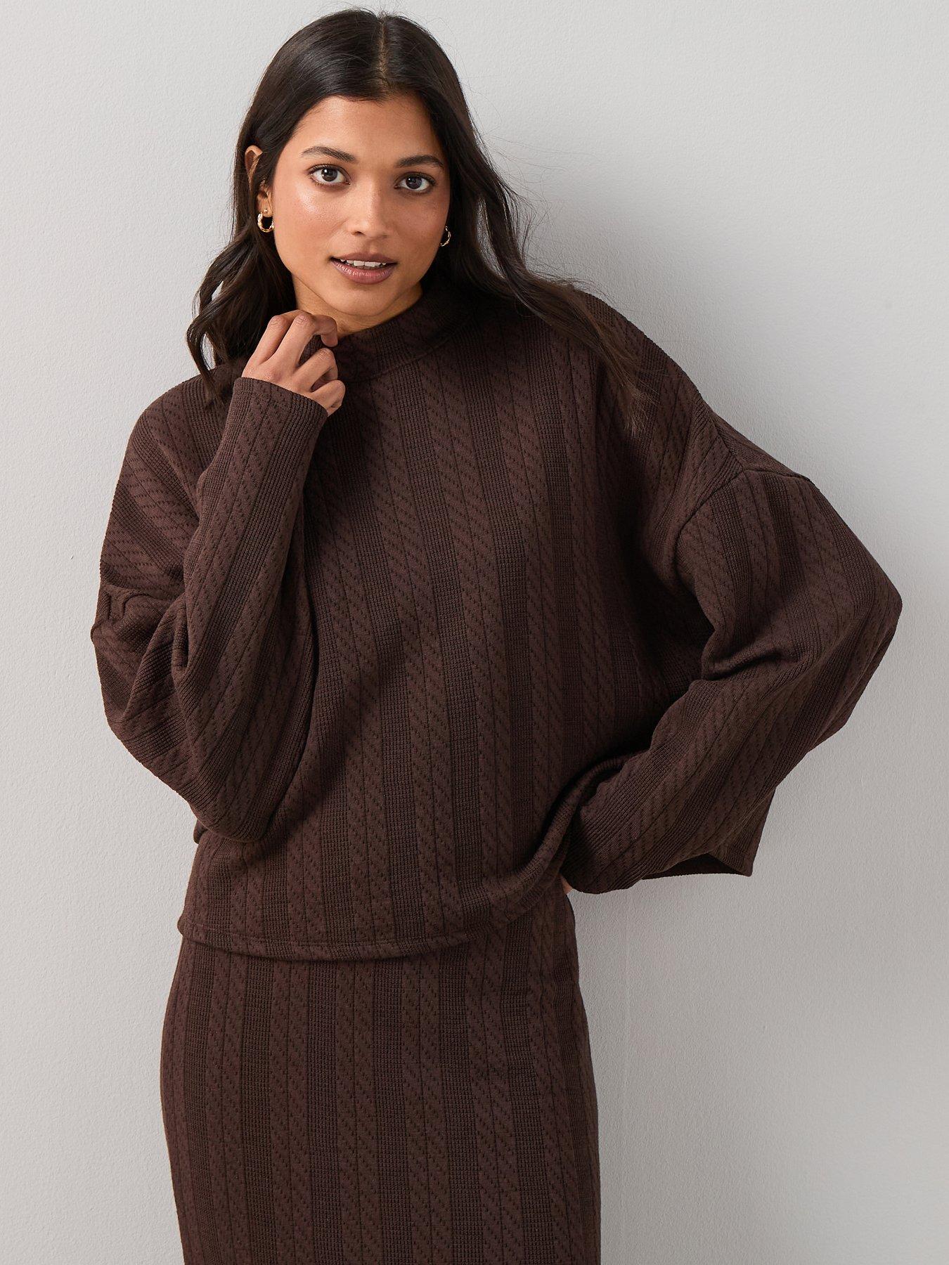  image of the-very-collection-cable-textured-long-sleeve-roll-neck-top-co-ord-brown