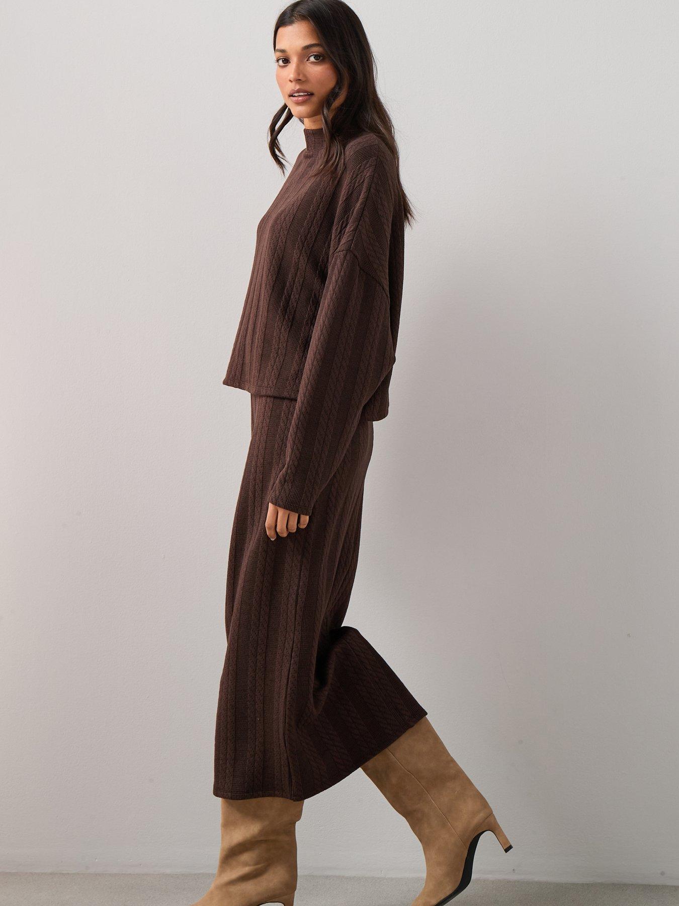  image of the-very-collection-cable-textured-long-sleeve-roll-neck-top-co-ord-brown