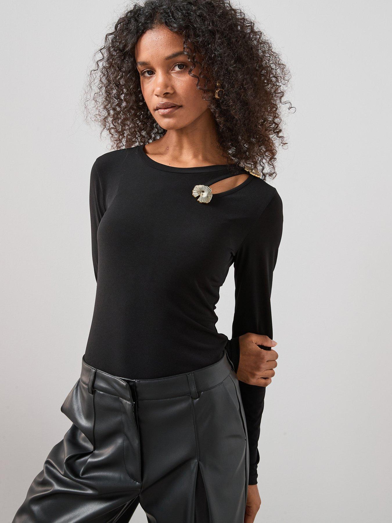 front image of the-very-collection-trim-detail-cut-out-long-sleeve-top-black